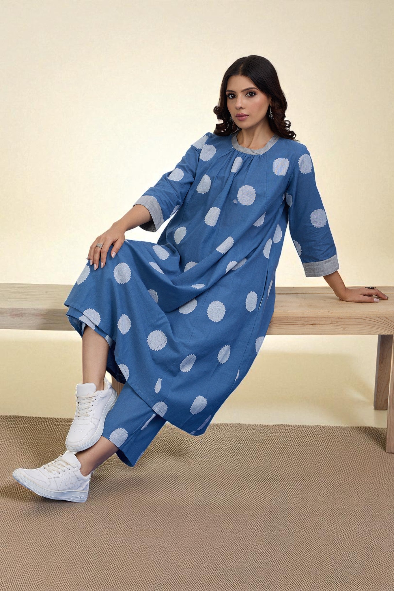 Co-ord Set Sky Dots Cotton Crew Neck Gather Dress & Pants