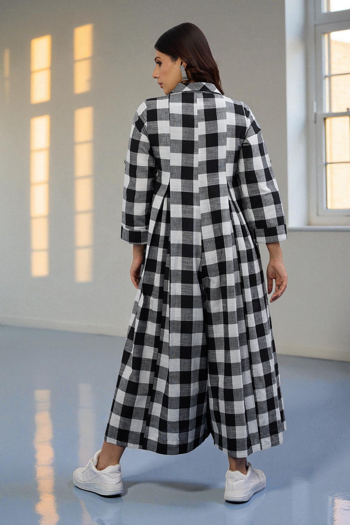 Chessboard Charm Cotton Jumpsuit with Pockets & Collar
