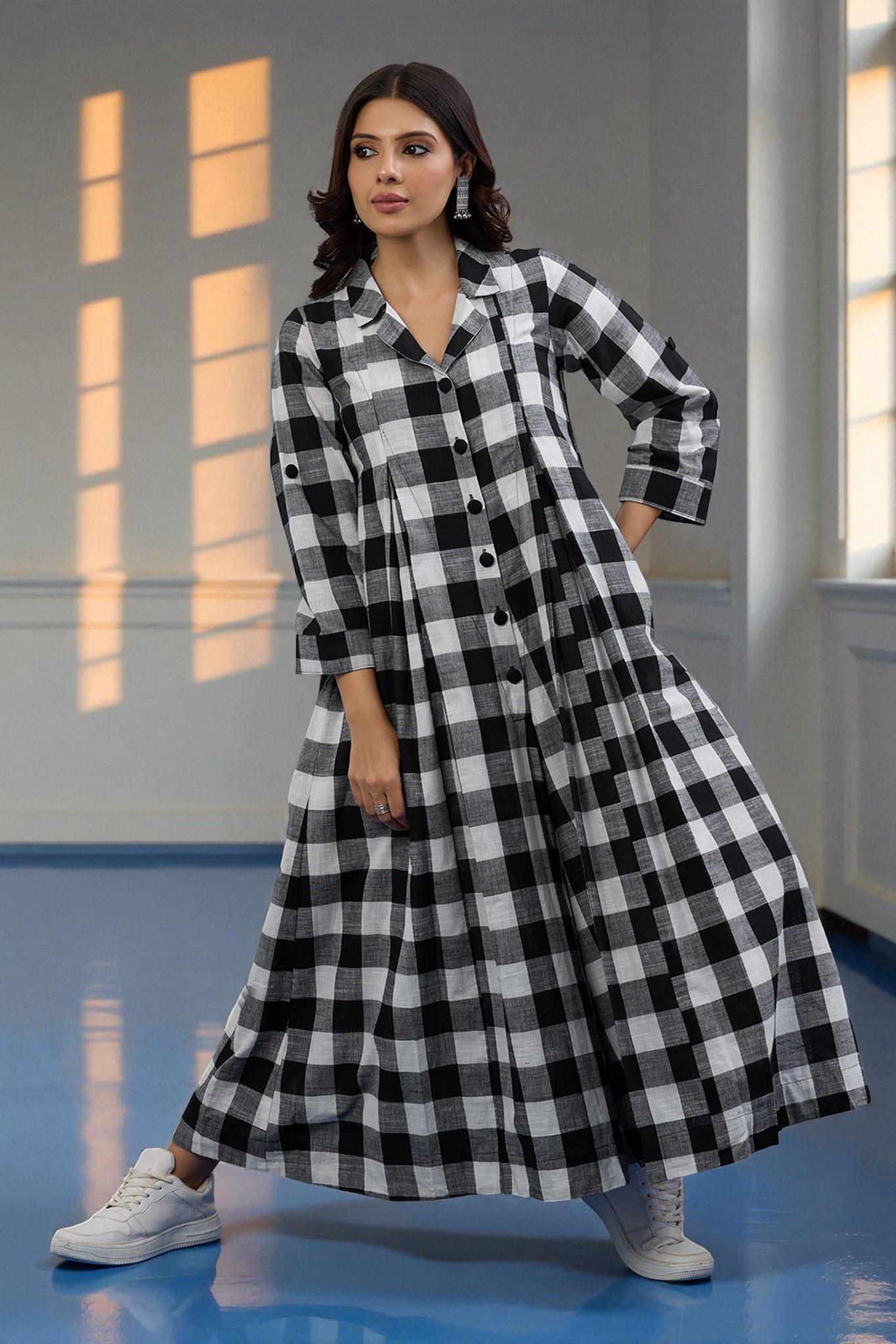 Chessboard Charm Cotton Jumpsuit with Pockets & Collar