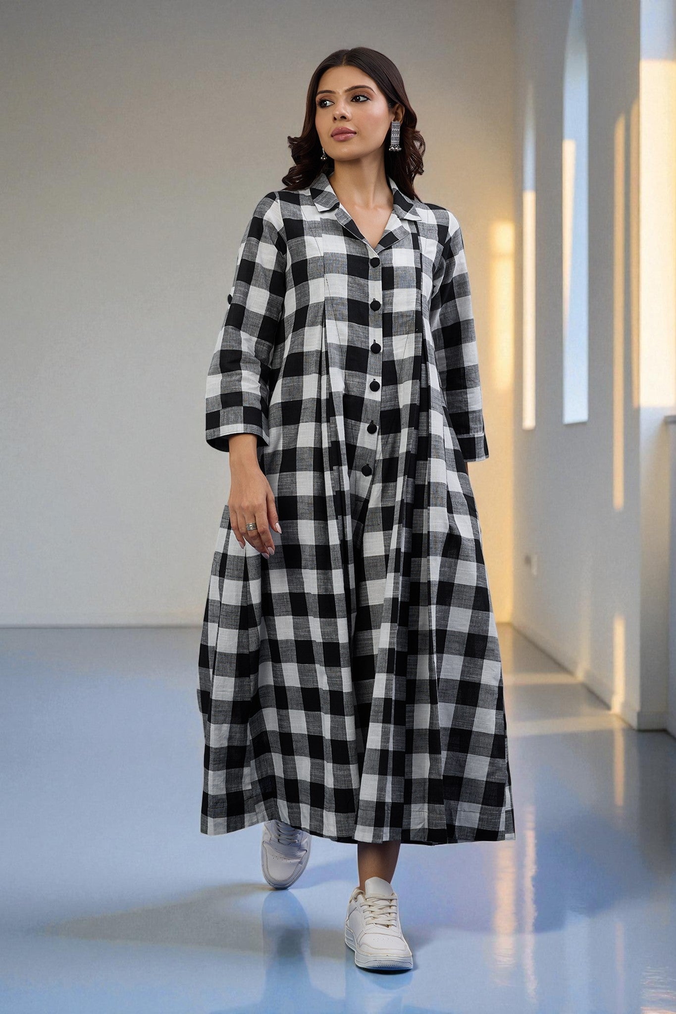 Chessboard Charm Cotton Jumpsuit with Pockets & Collar
