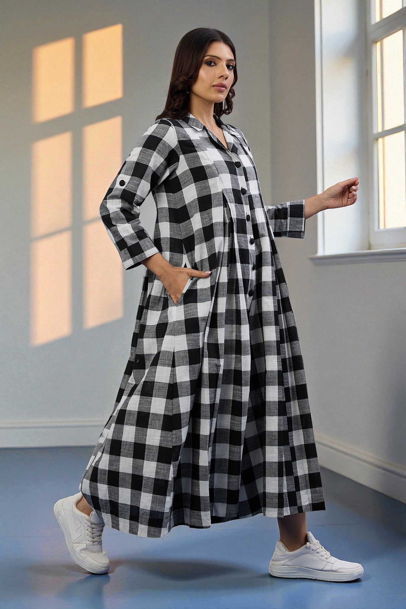 Chessboard Charm Cotton Jumpsuit with Pockets & Collar