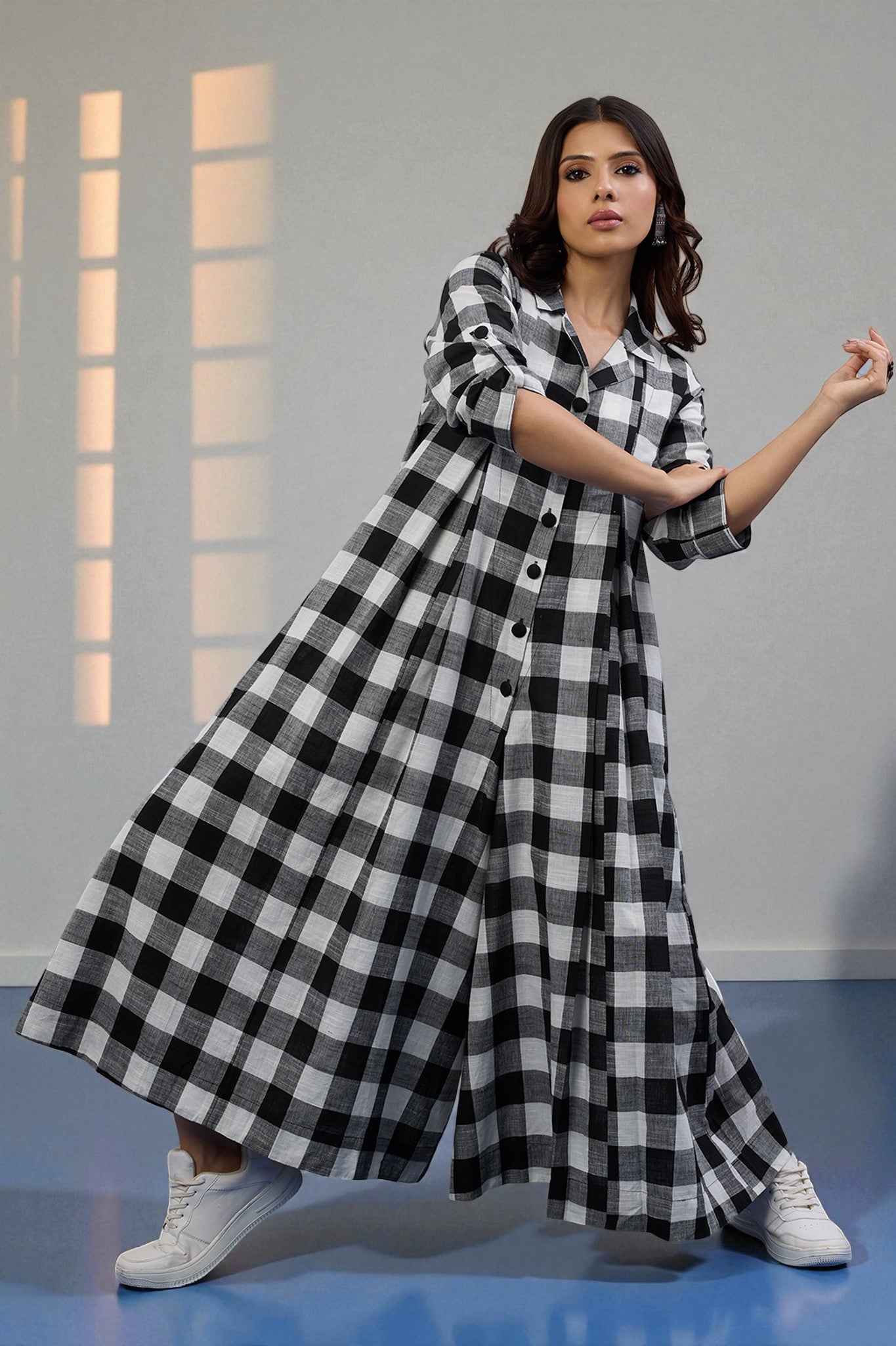 Chessboard Charm Cotton Jumpsuit with Pockets & Collar