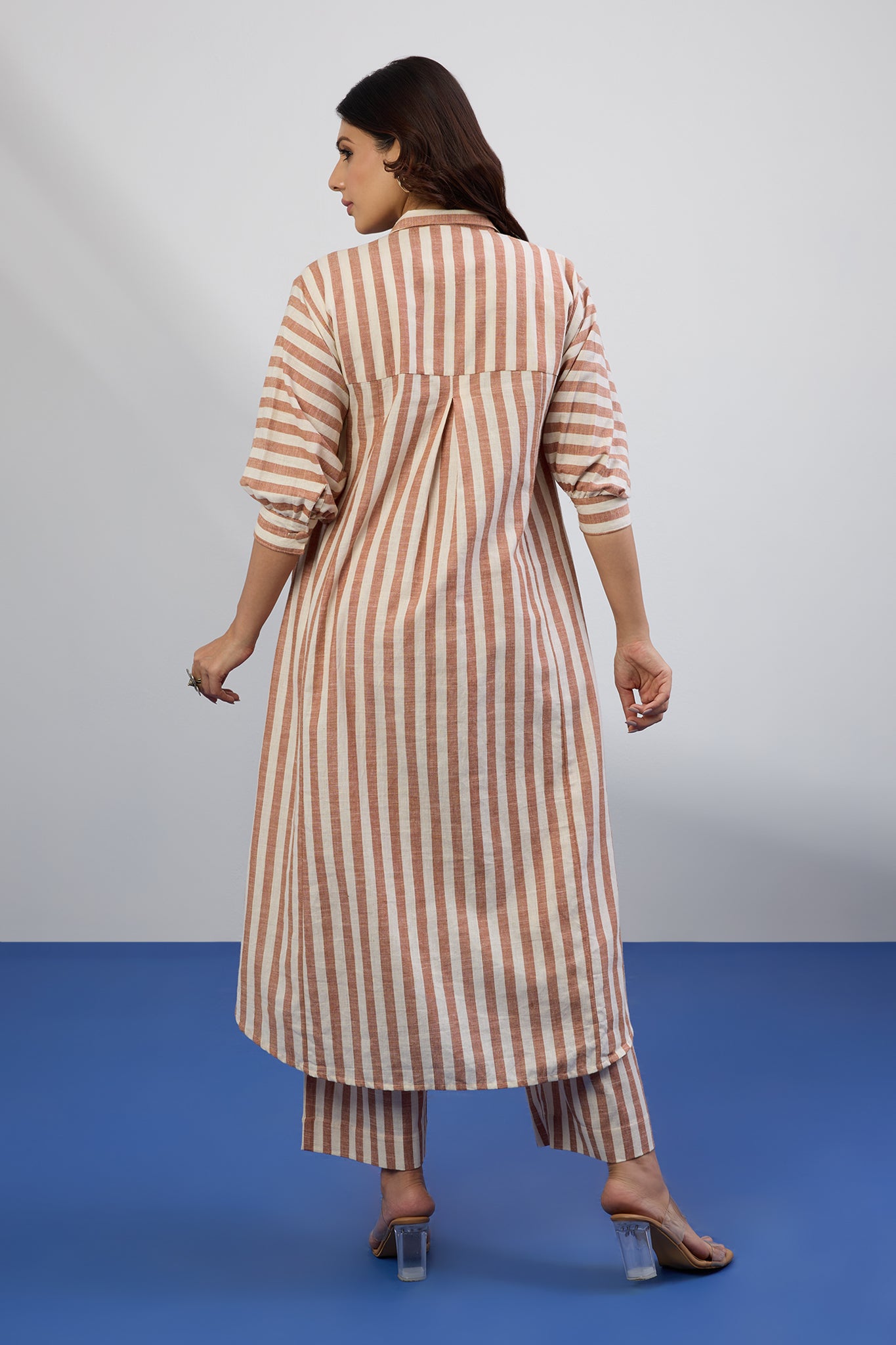 Co-ord Set Cocoa Trace Collar Box Pleat Kurta & Pants