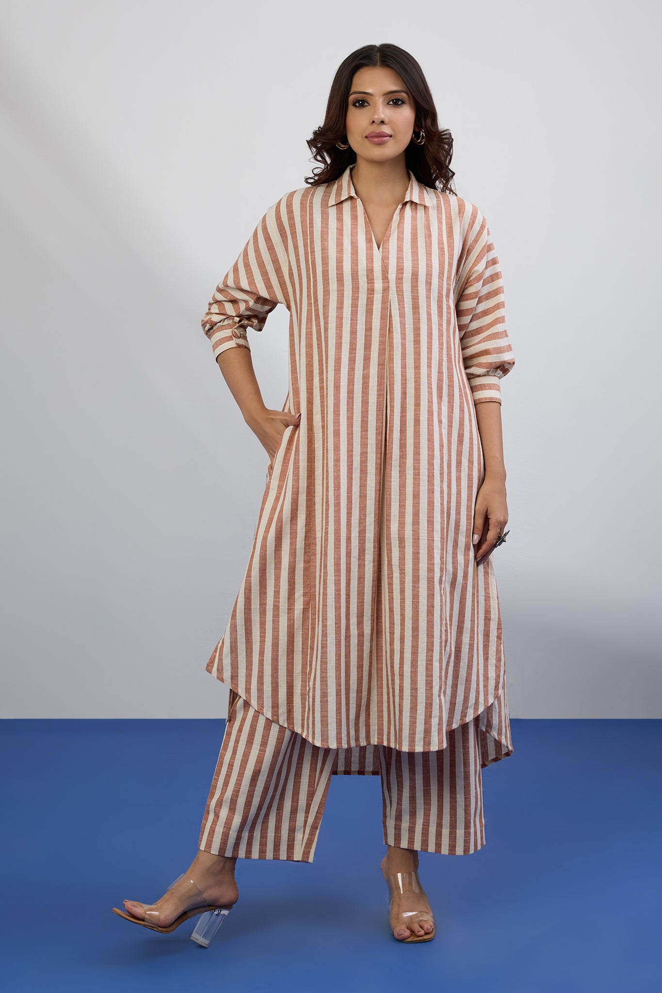 Co-ord Set Cocoa Trace Collar Box Pleat Kurta & Pants