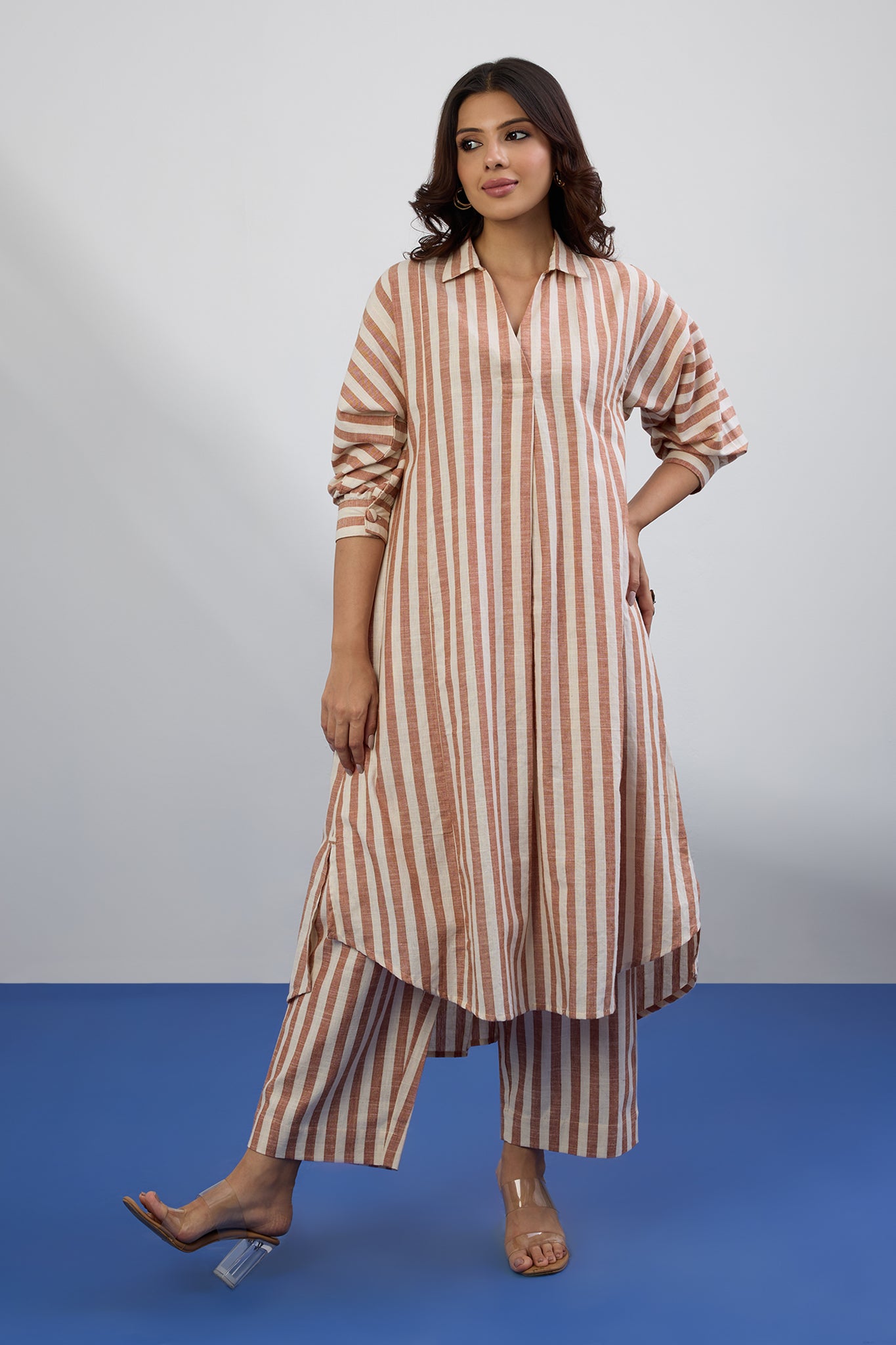Co-ord Set Cocoa Trace Collar Box Pleat Kurta & Pants