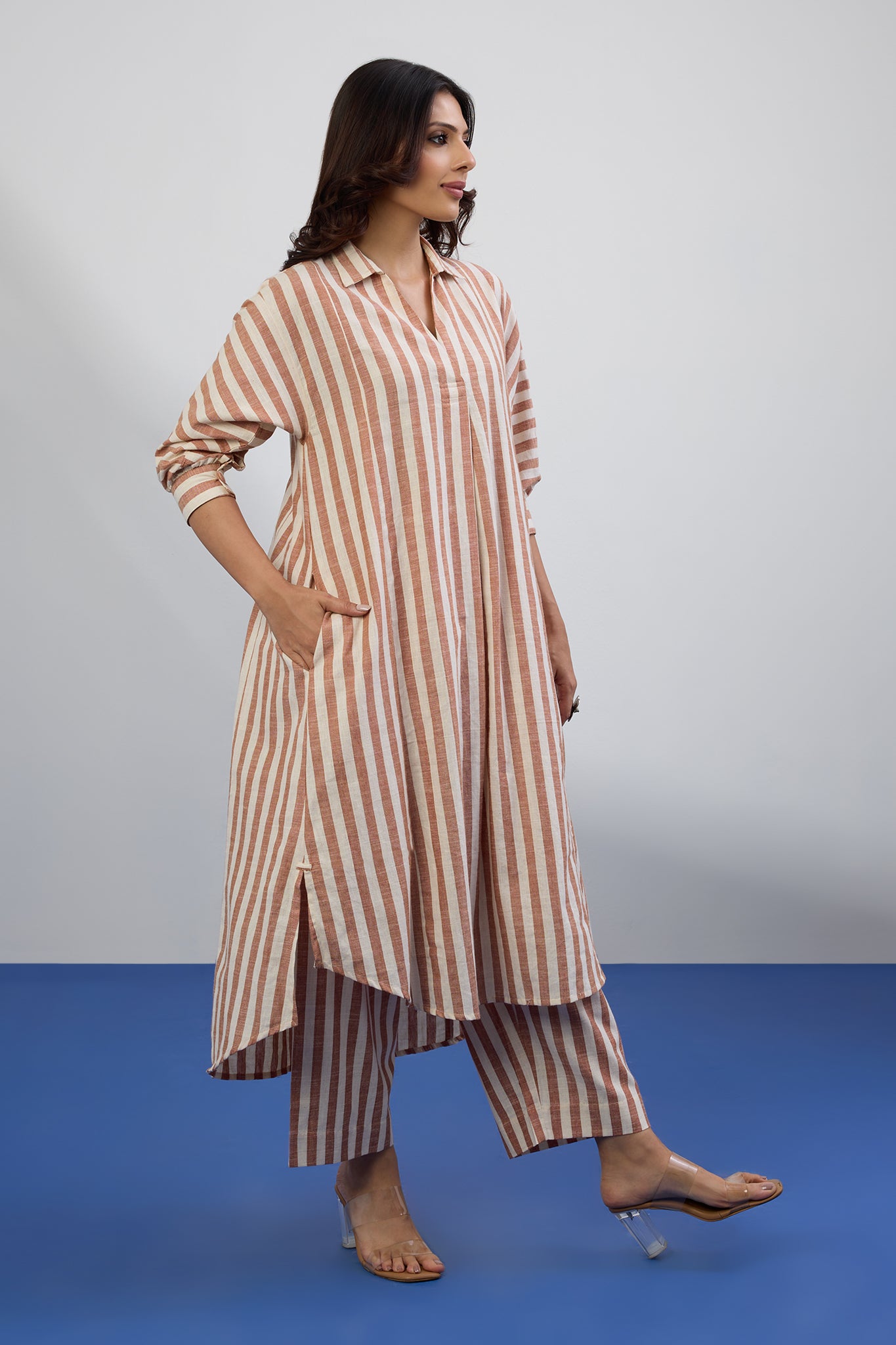 Co-ord Set Cocoa Trace Collar Box Pleat Kurta & Pants