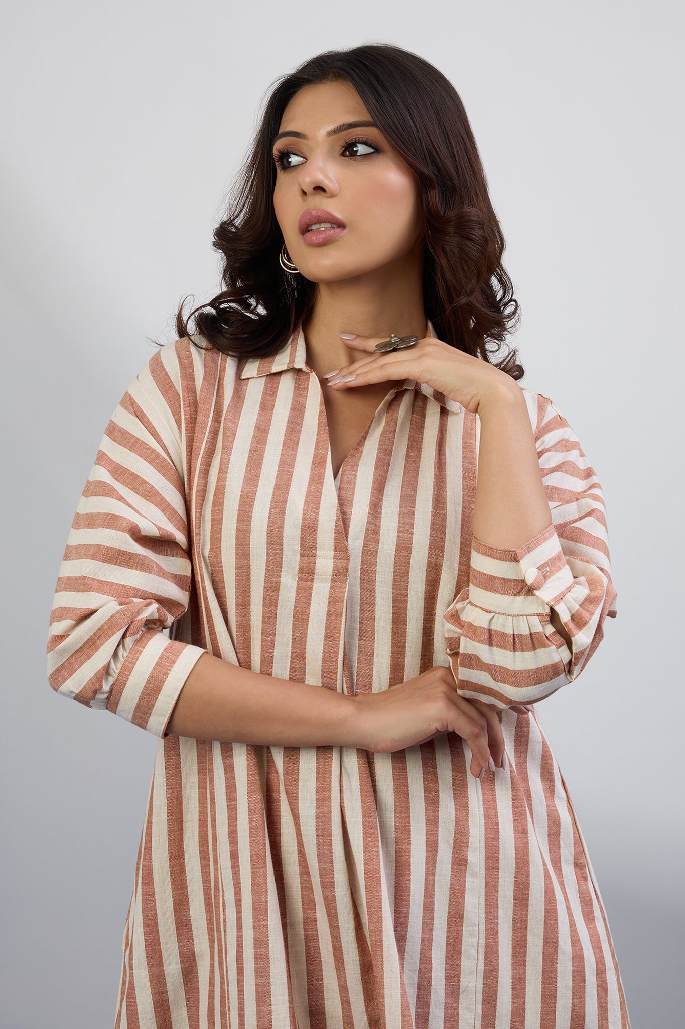 Co-ord Set Cocoa Trace Collar Box Pleat Kurta & Pants
