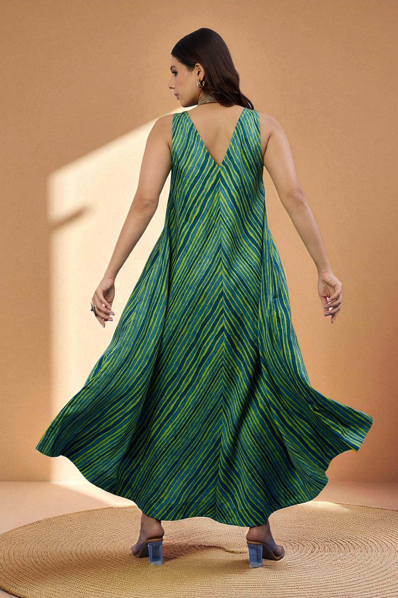 Emerald Wave Sleeveless Strap Satin Cotton Flared Bias Dress