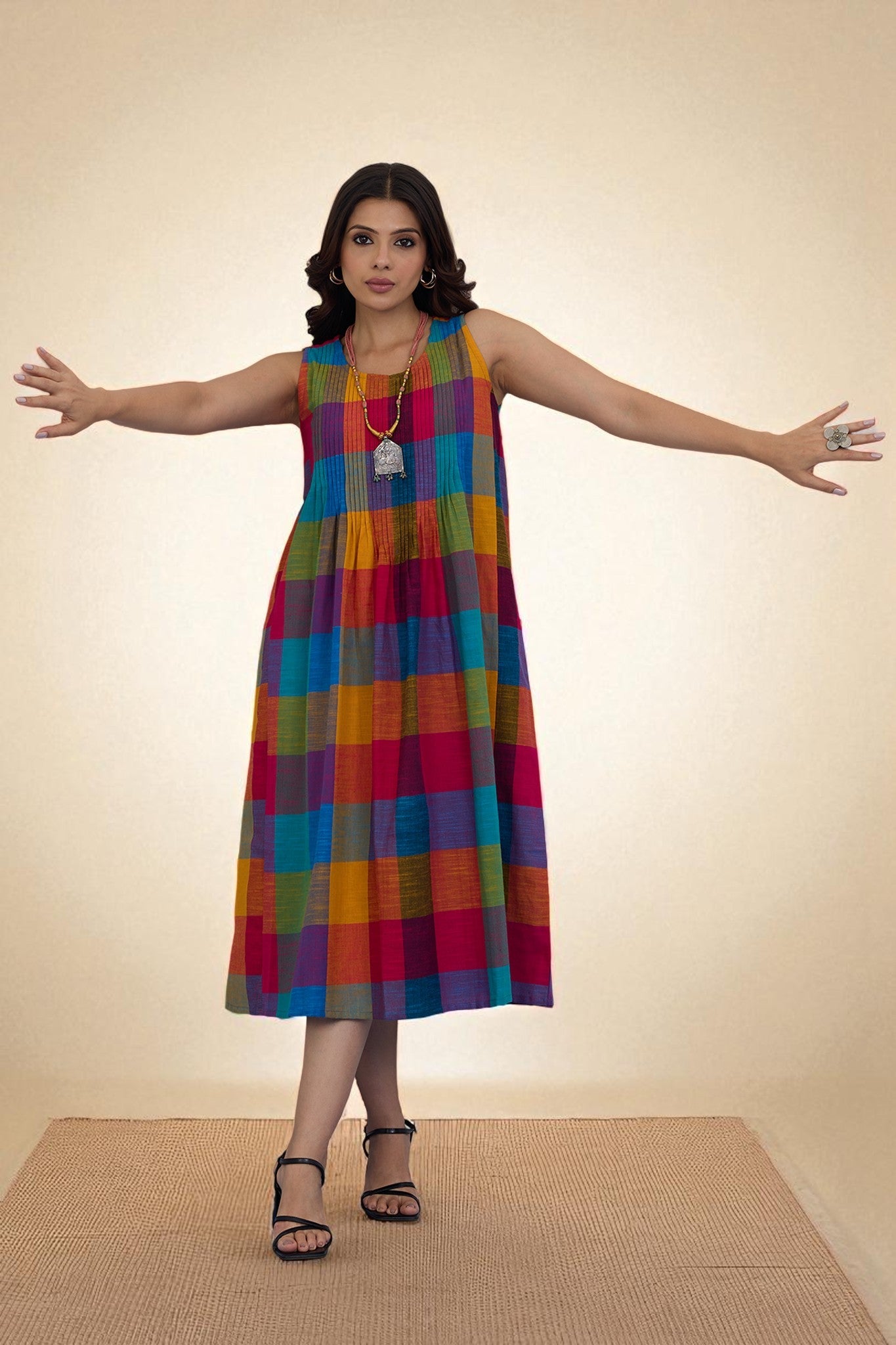 Colorburst Plaid Madras Cotton Pintuck Sleeveless Dress