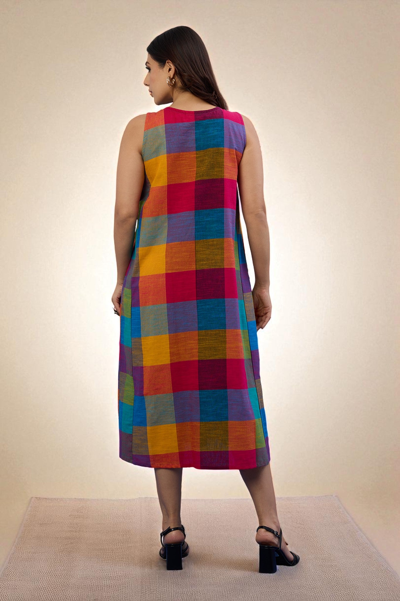 Colorburst Plaid Madras Cotton Pintuck Sleeveless Dress