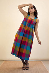 Colorburst Plaid Madras Cotton Pintuck Sleeveless Dress