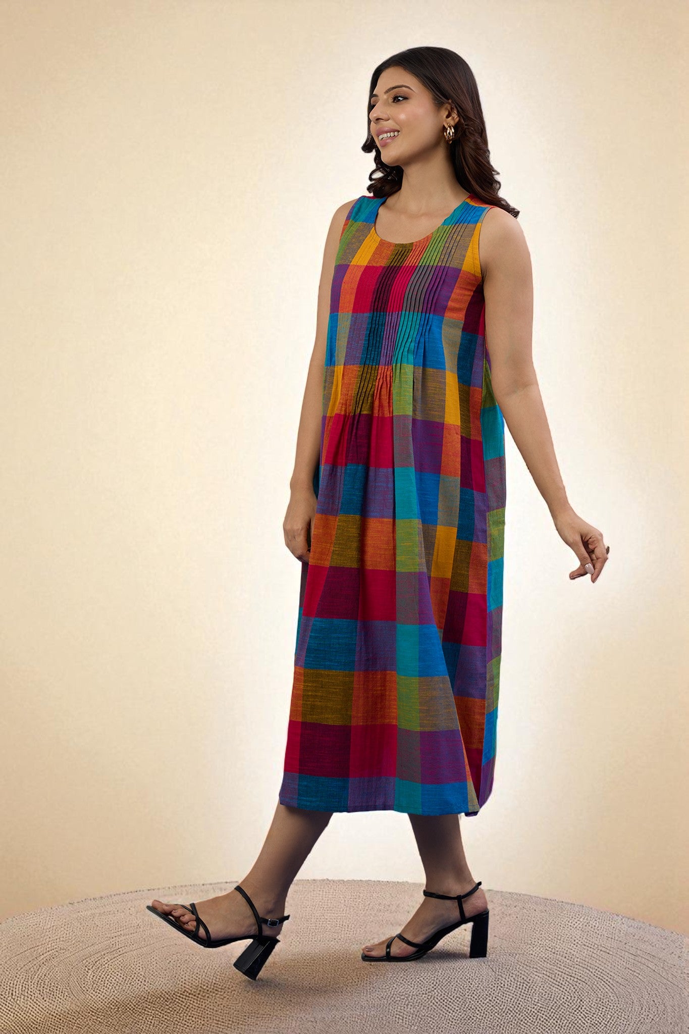 Colorburst Plaid Madras Cotton Pintuck Sleeveless Dress