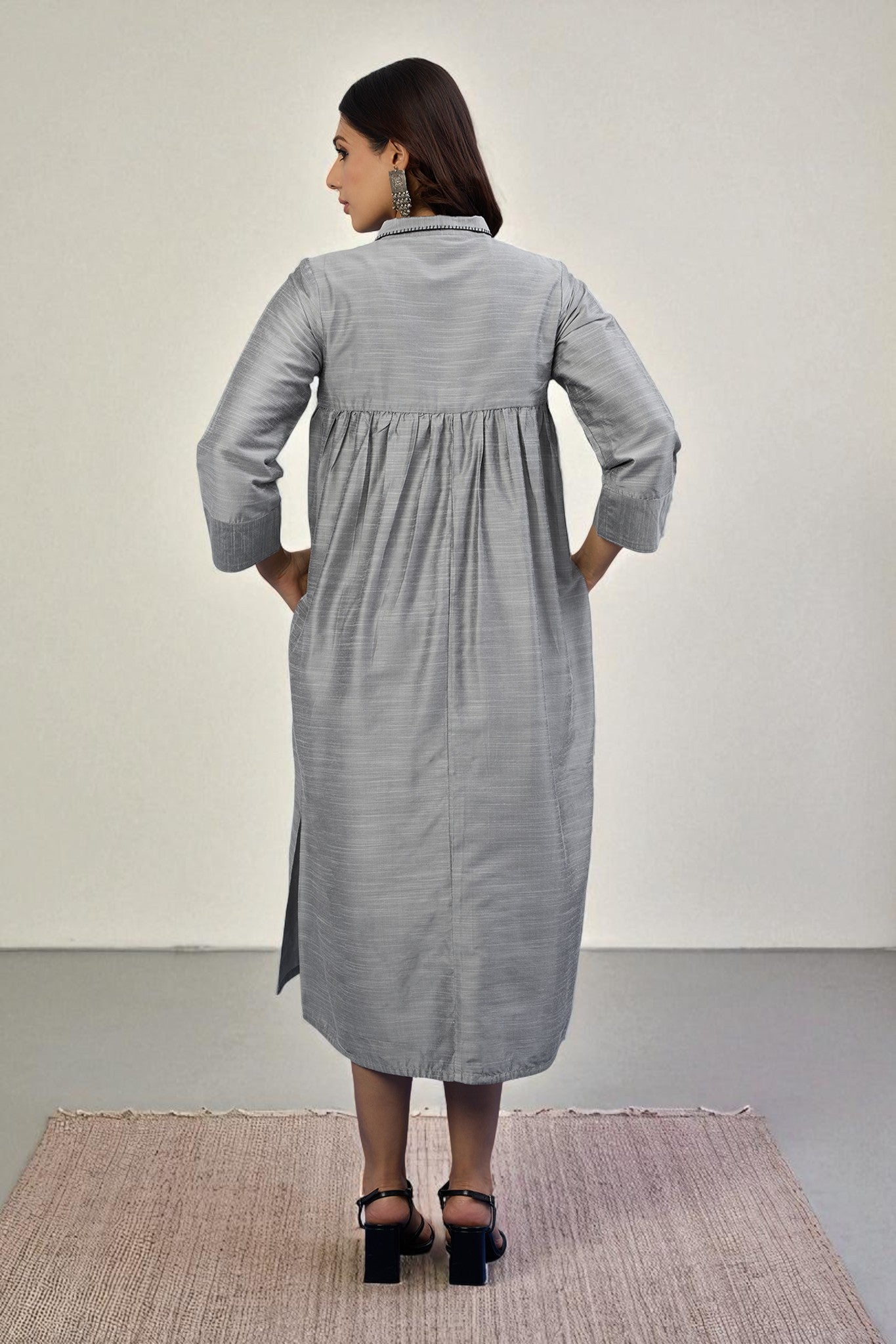 Lunar Silver Cotton Silk Slub Long Shirt Dress