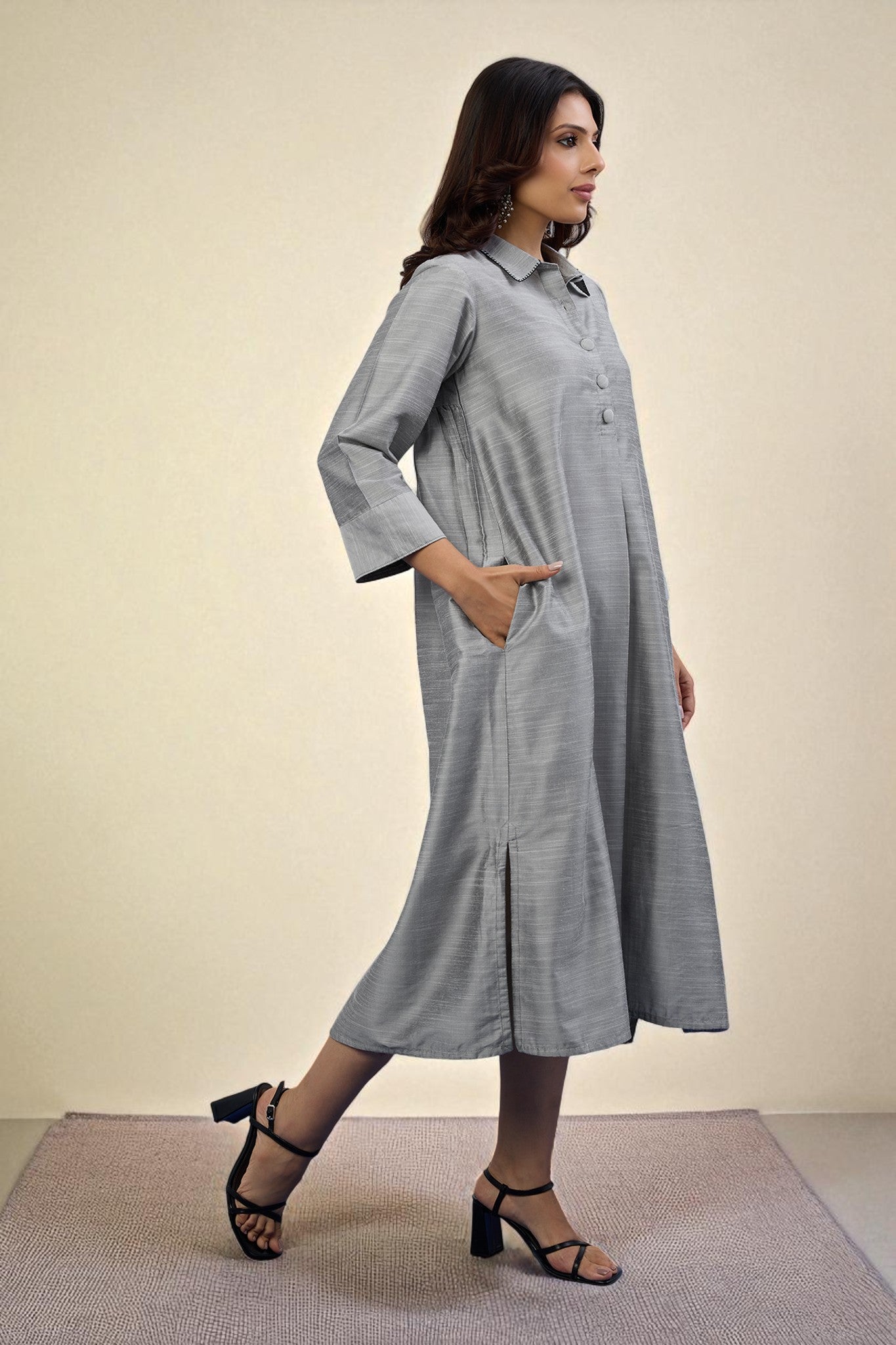 Lunar Silver Cotton Silk Slub Long Shirt Dress