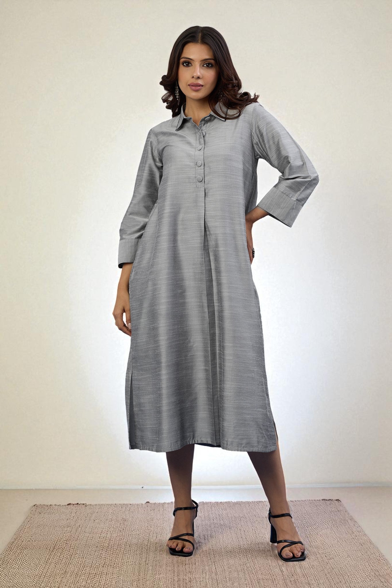 Lunar Silver Cotton Silk Slub Long Shirt Dress