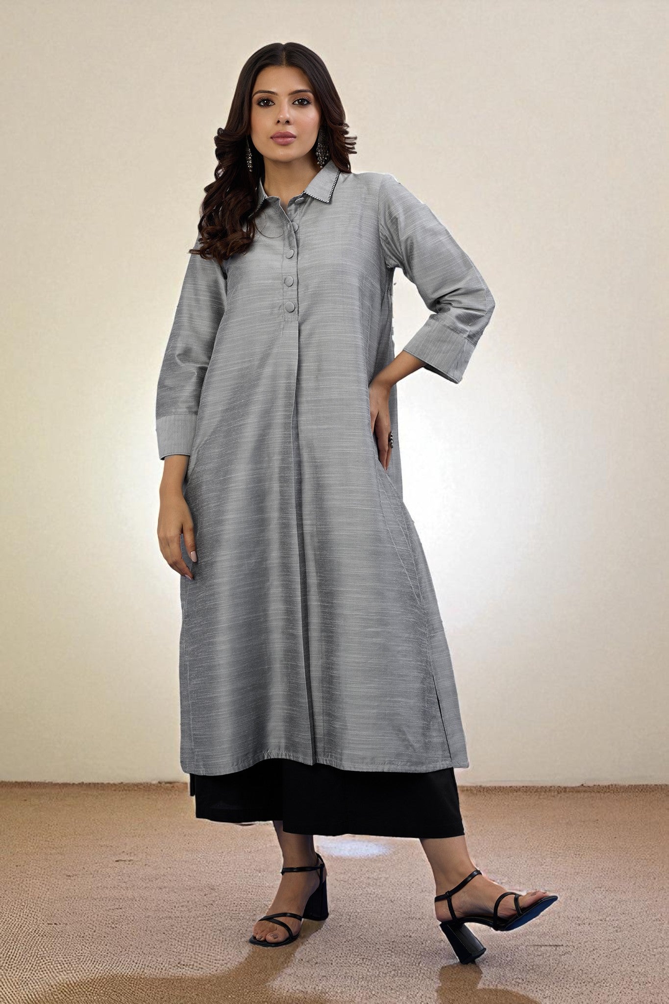 Lunar Silver Cotton Silk Slub Long Shirt Dress