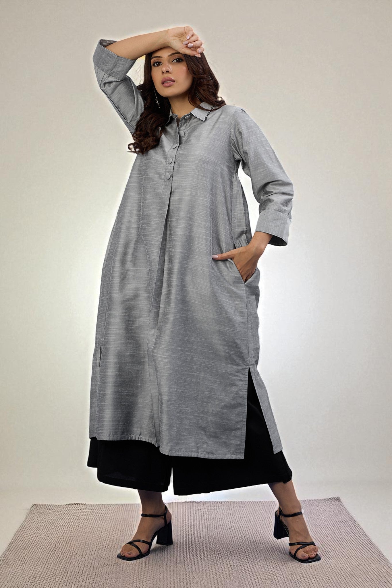 Lunar Silver Cotton Silk Slub Long Shirt Dress