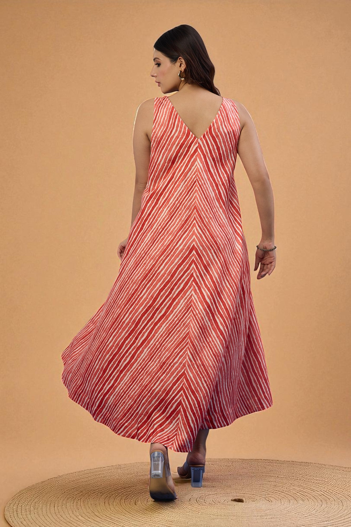 Citrus Stripe Sleeveless Strap Satin Cotton Flared Bias Dress