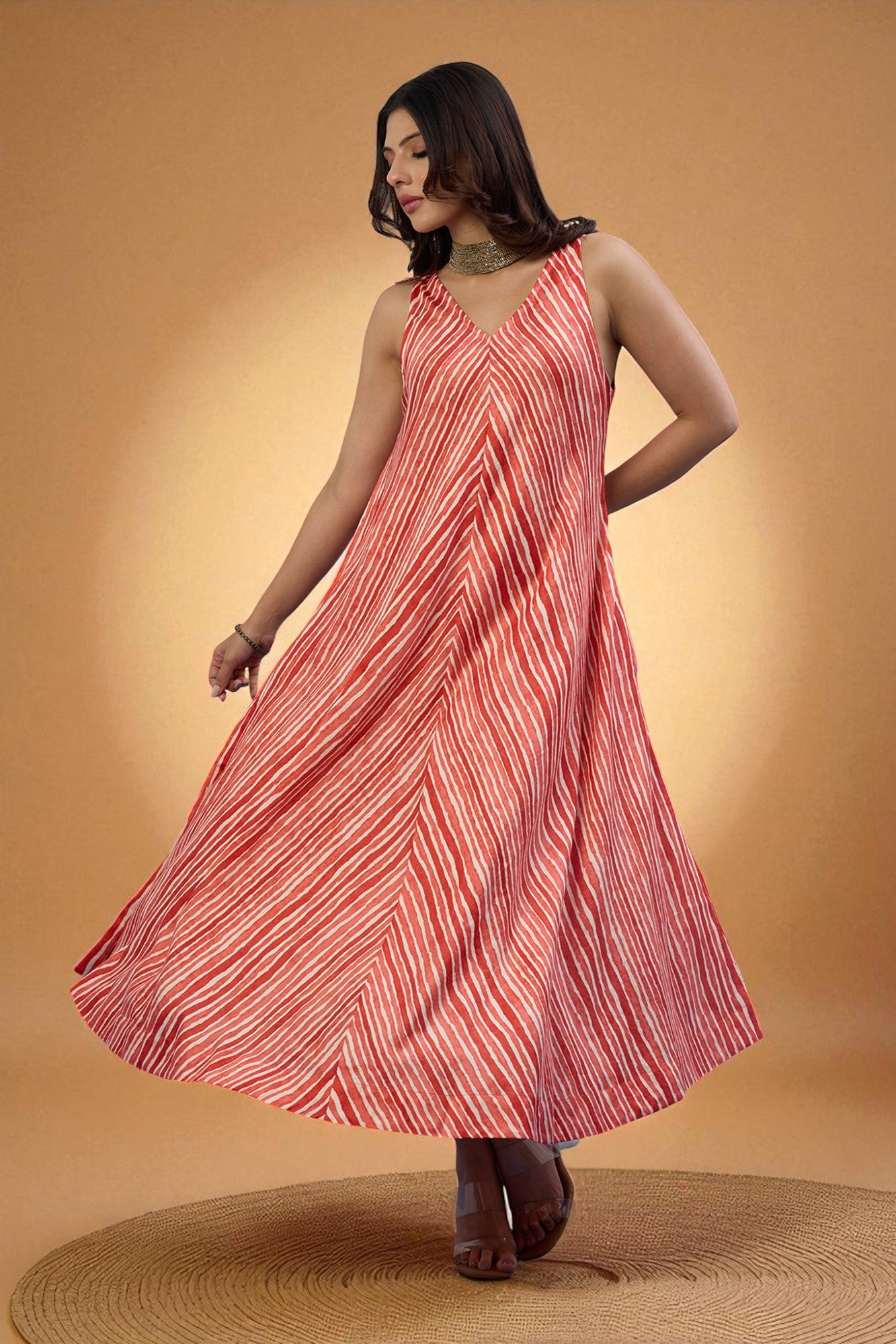 Citrus Stripe Sleeveless Strap Satin Cotton Flared Bias Dress
