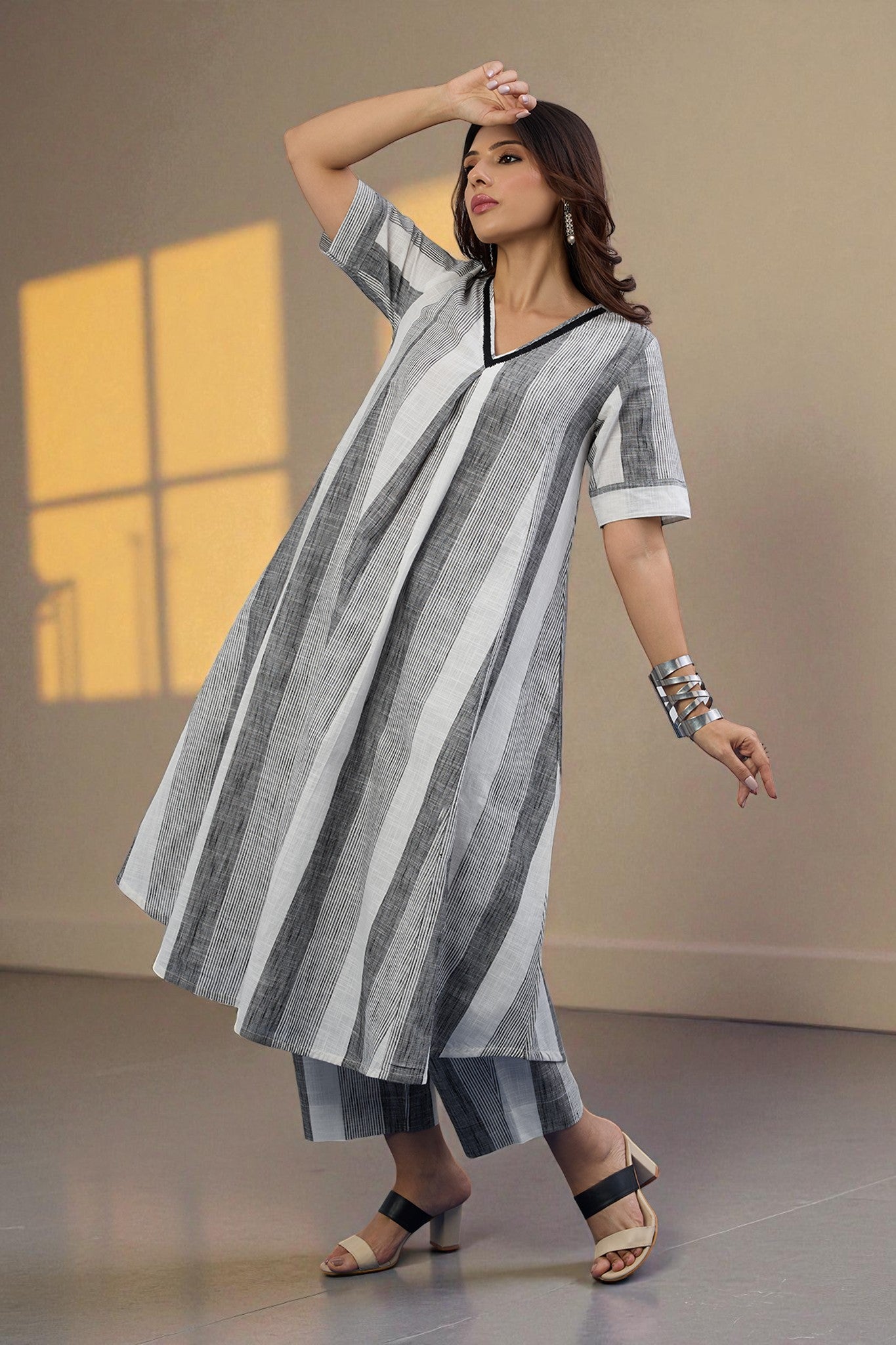 Co-ord Set Ash Bands Modern Box Pleated Cotton Kurta & Pants