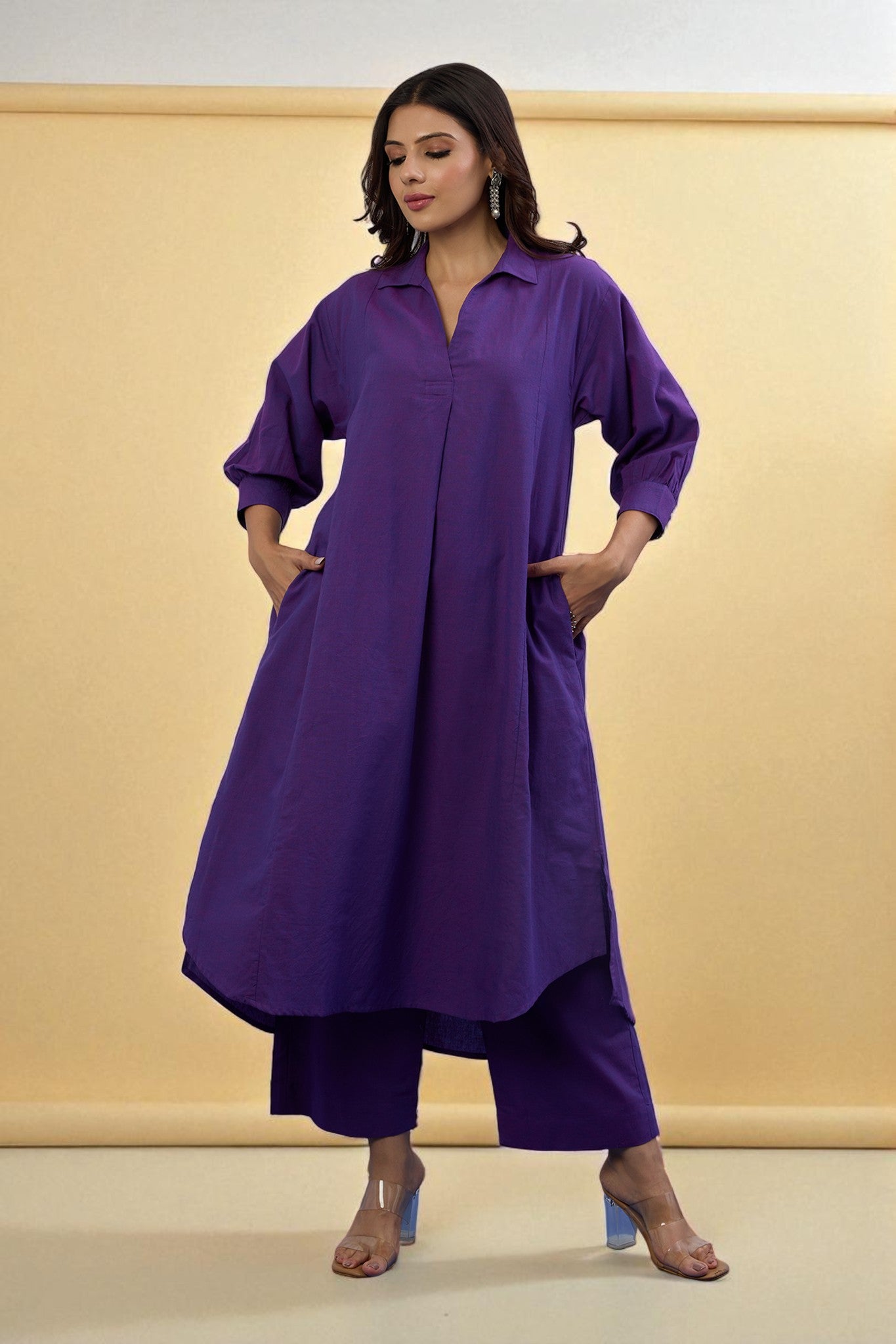 Co-ord Set Kurta and Pants - Violet Orchid Glow Cotton Collar Box Pleat Kurta & Pants