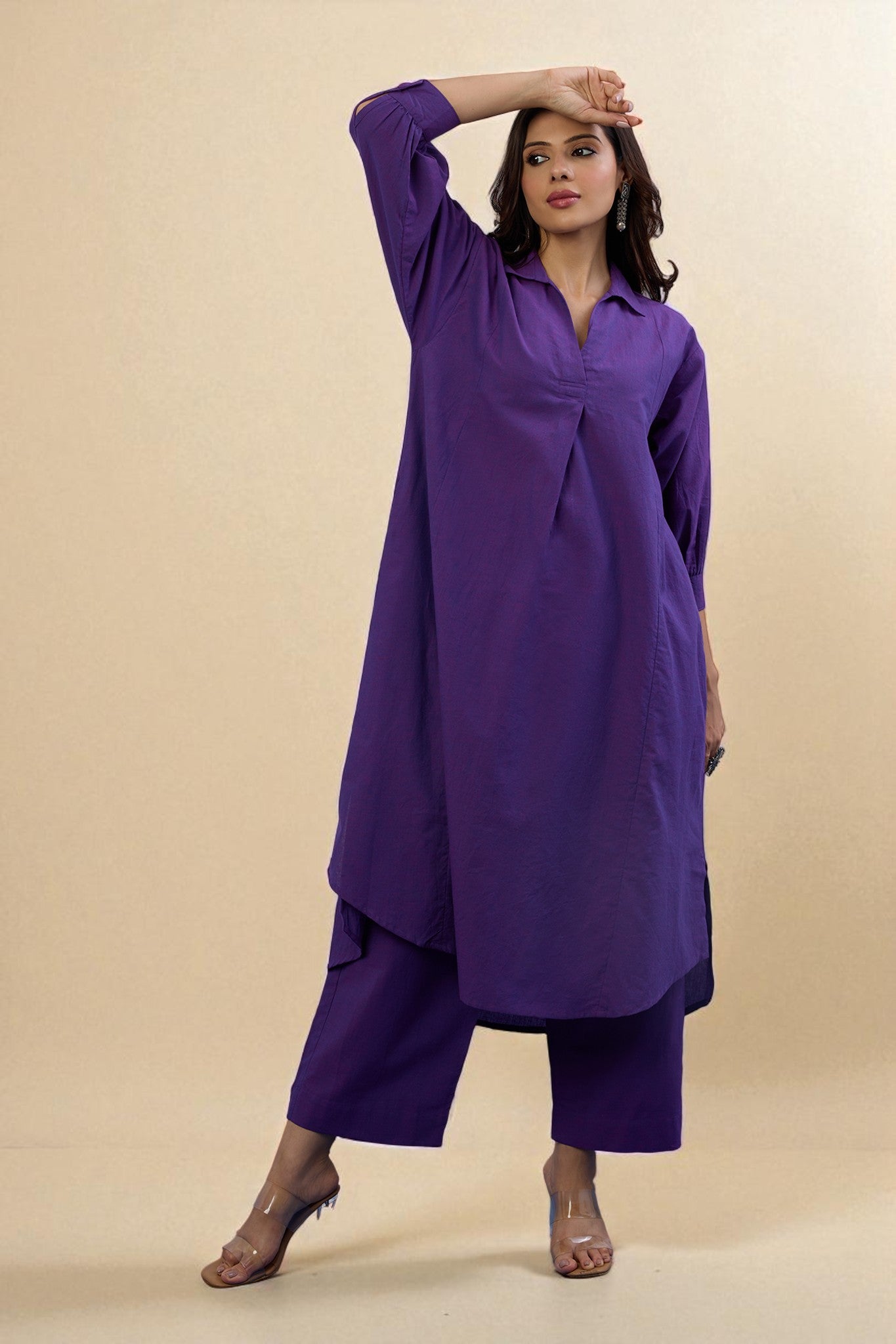 Co-ord Set Kurta and Pants - Violet Orchid Glow Cotton Collar Box Pleat Kurta & Pants