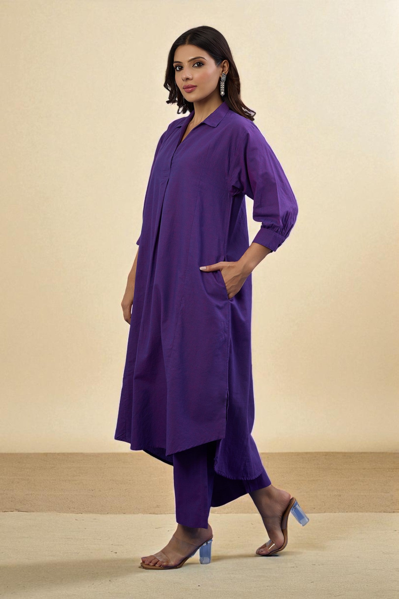 Co-ord Set Kurta and Pants - Violet Orchid Glow Cotton Collar Box Pleat Kurta & Pants