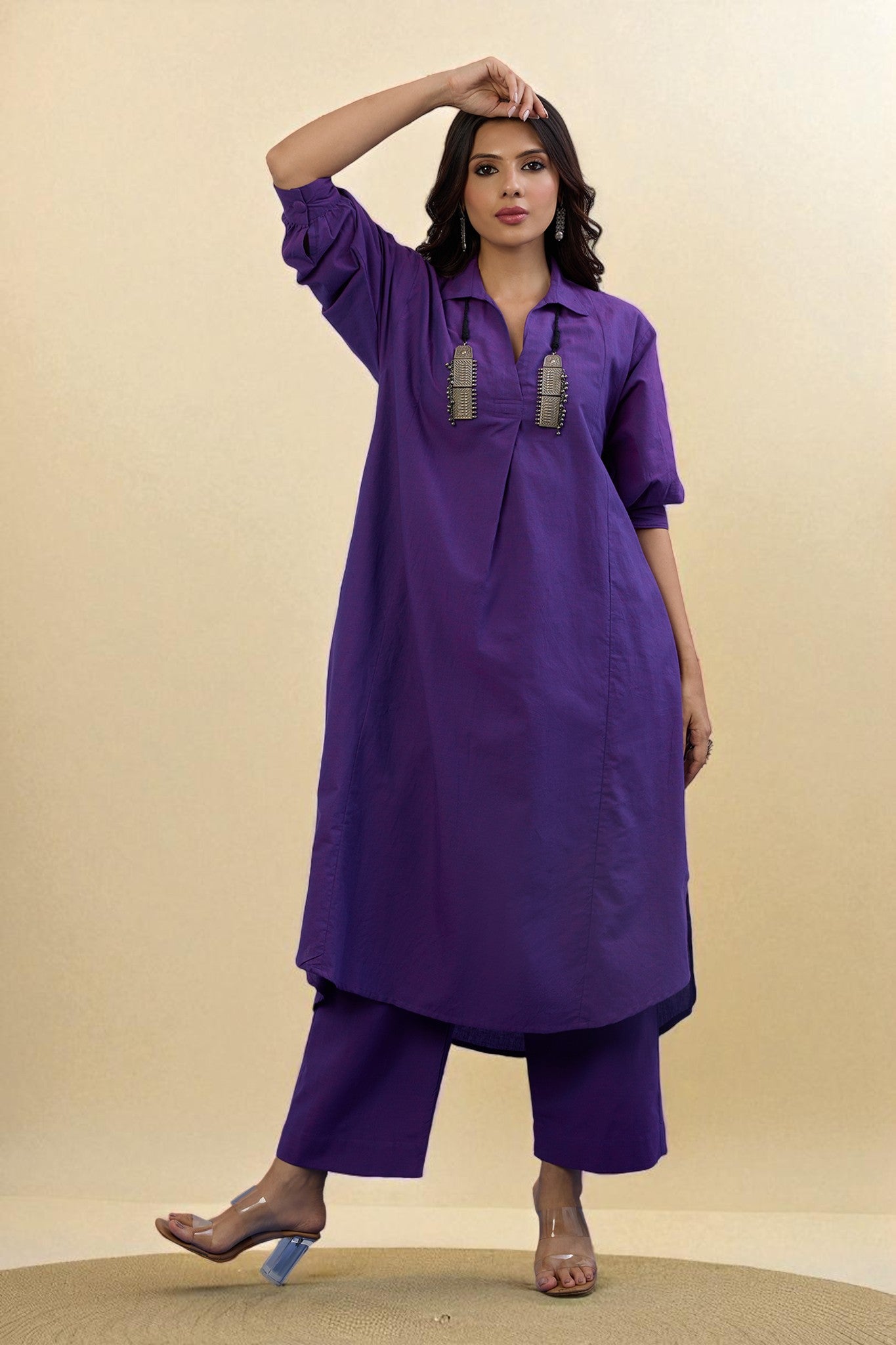 Co-ord Set Kurta and Pants - Violet Orchid Glow Cotton Collar Box Pleat Kurta & Pants