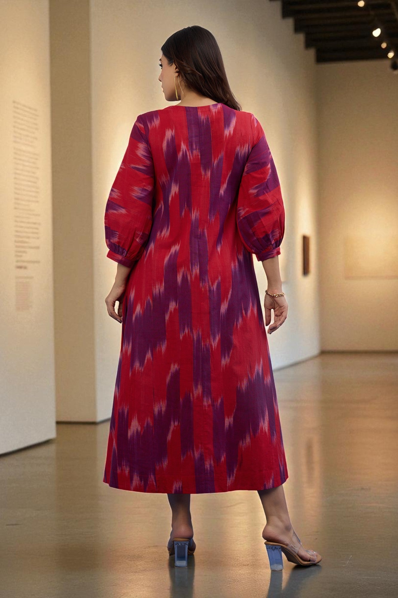 Amethyst Flame V-Neck Midi Dress with Elevated Sleeves