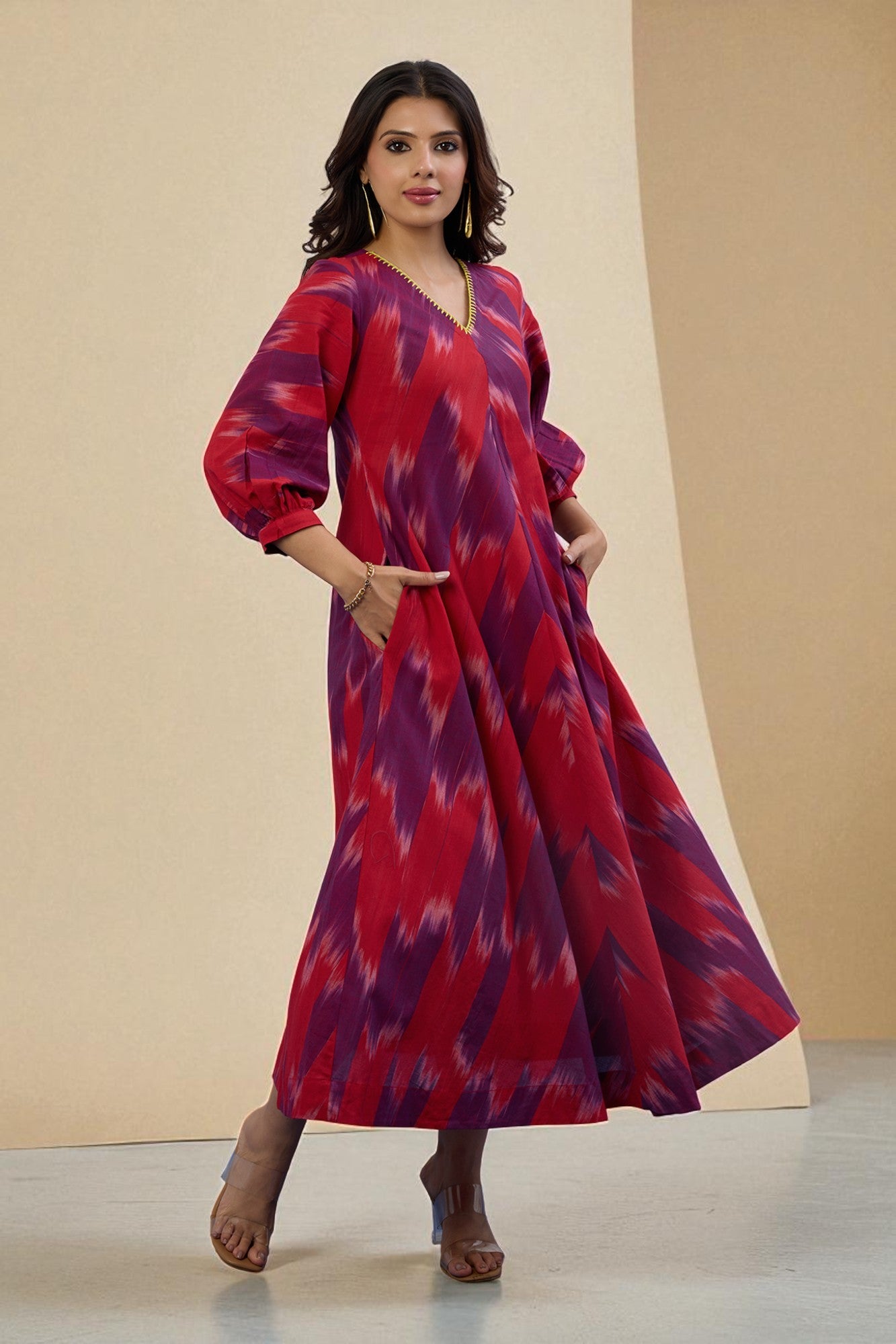 Amethyst Flame V-Neck Midi Dress with Elevated Sleeves