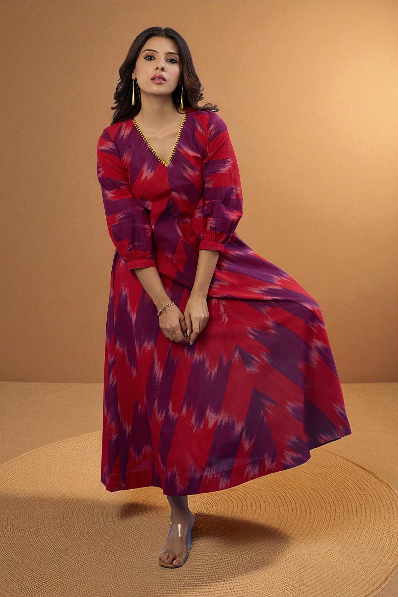 Amethyst Flame V-Neck Midi Dress with Elevated Sleeves