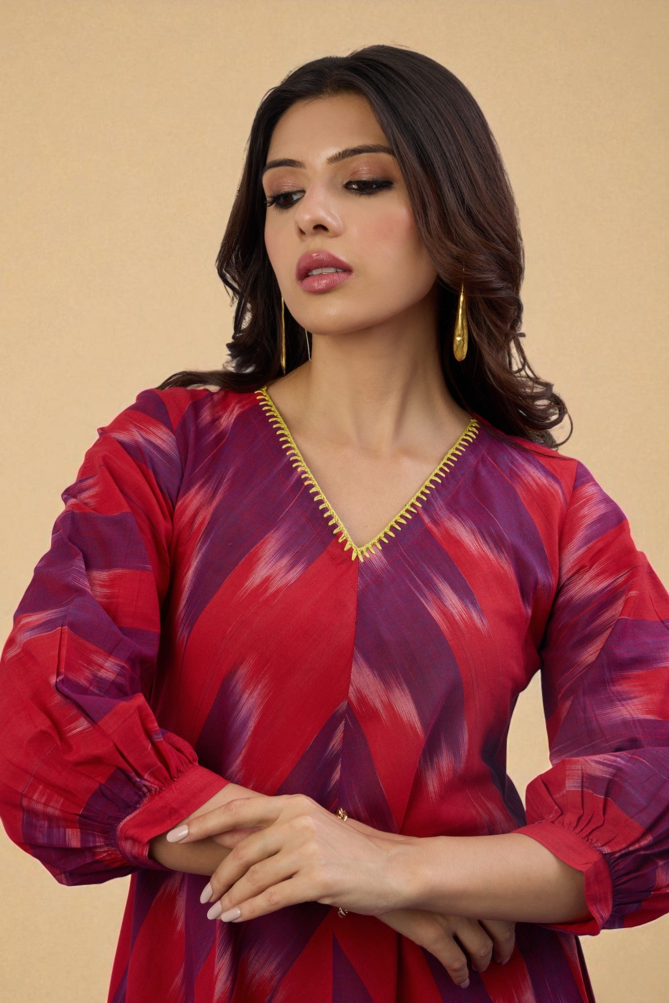 Amethyst Flame V-Neck Midi Dress with Elevated Sleeves