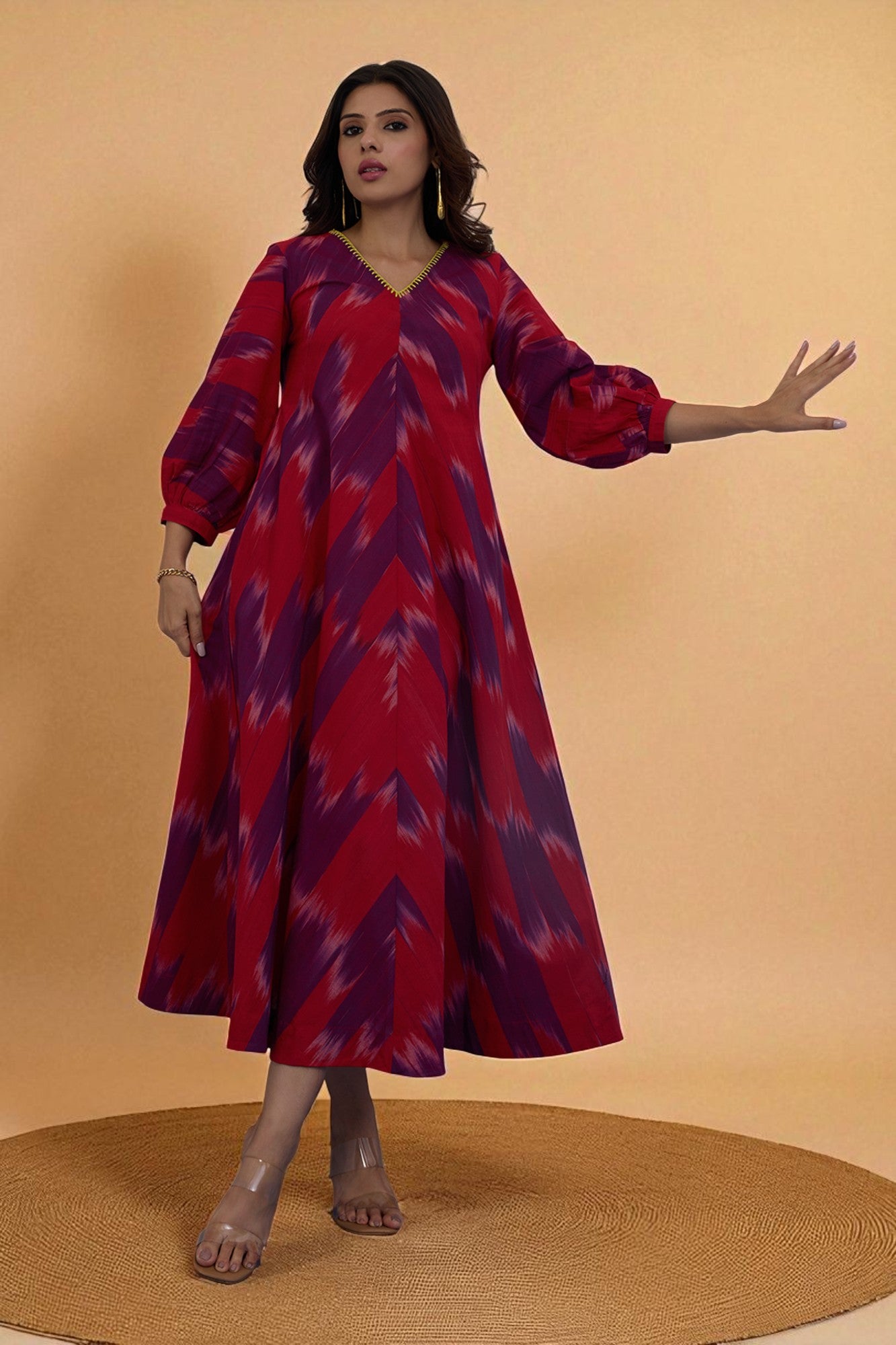 Amethyst Flame V-Neck Midi Dress with Elevated Sleeves