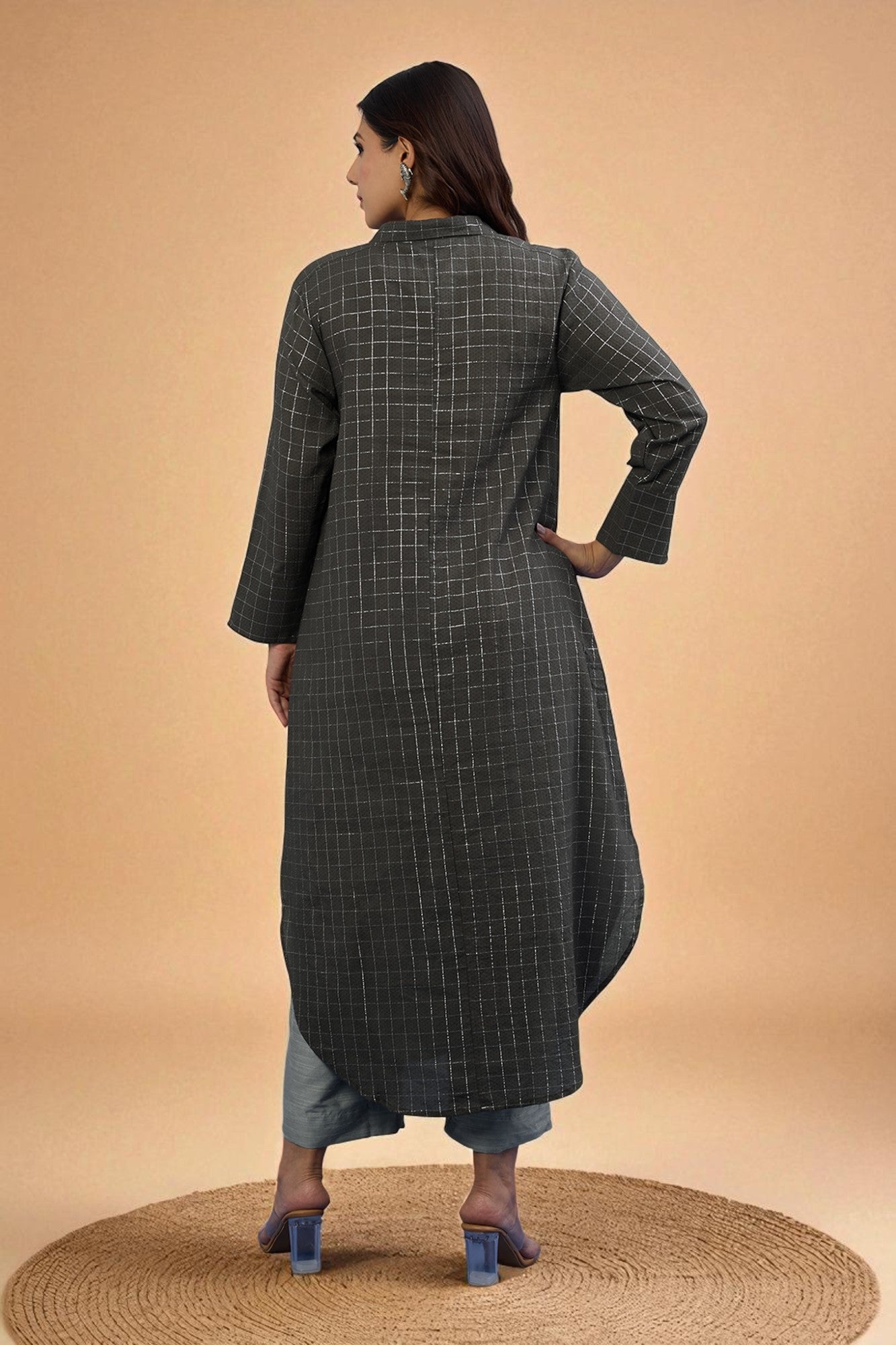 Cocoa Silver Grid Long Cotton Shirt Dress