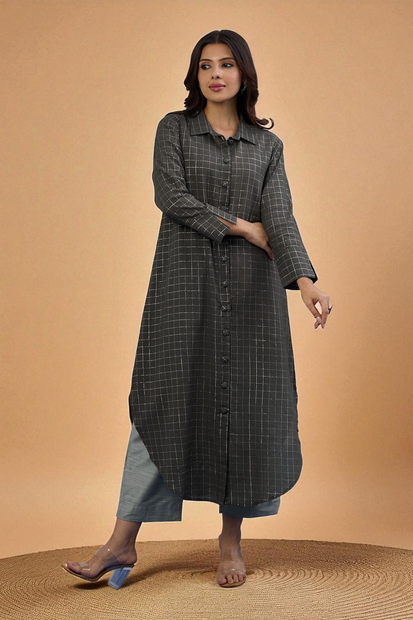 Cocoa Silver Grid Long Cotton Shirt Dress