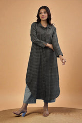 Cocoa Silver Grid Long Cotton Shirt Dress