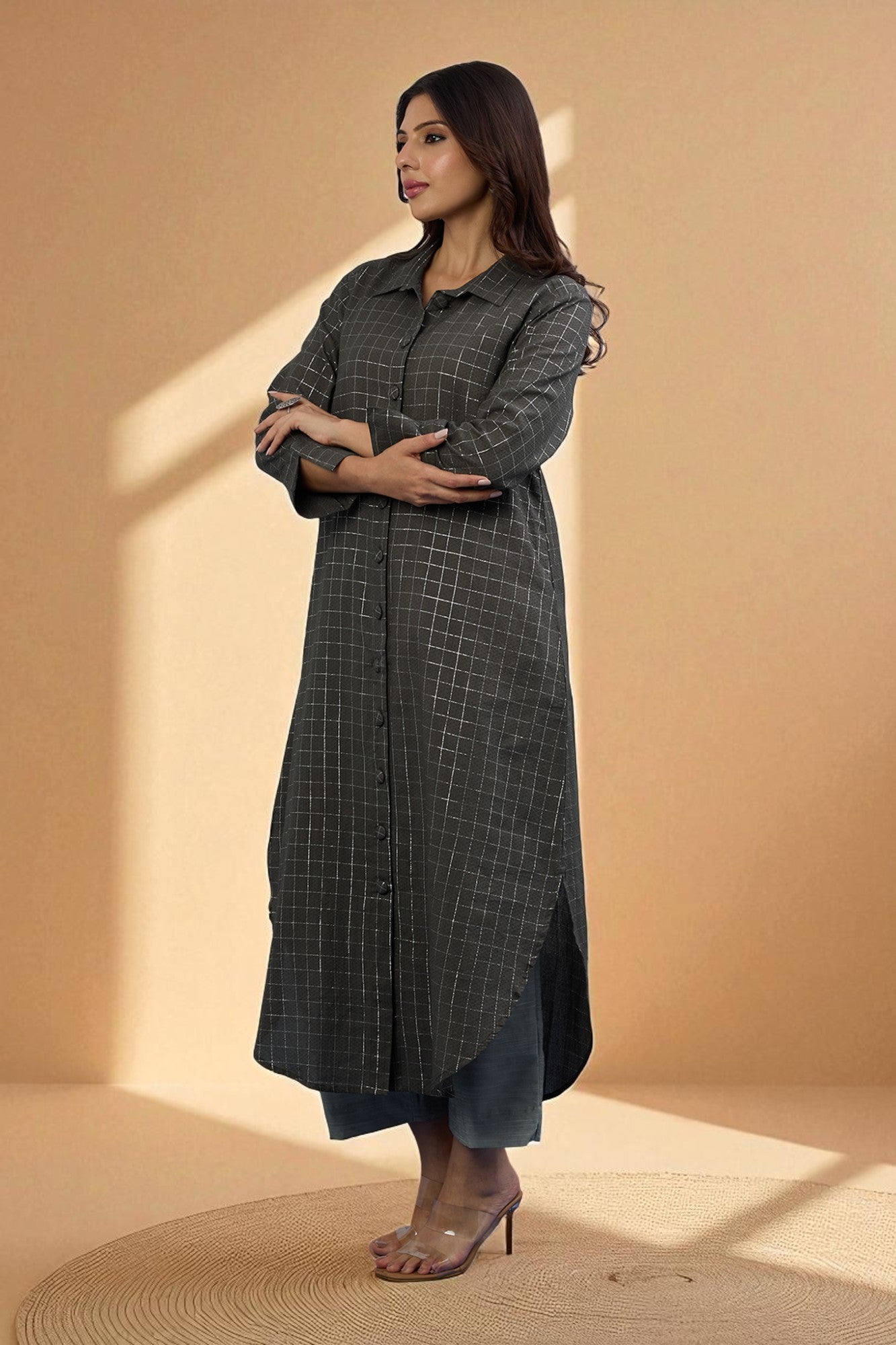 Cocoa Silver Grid Long Cotton Shirt Dress