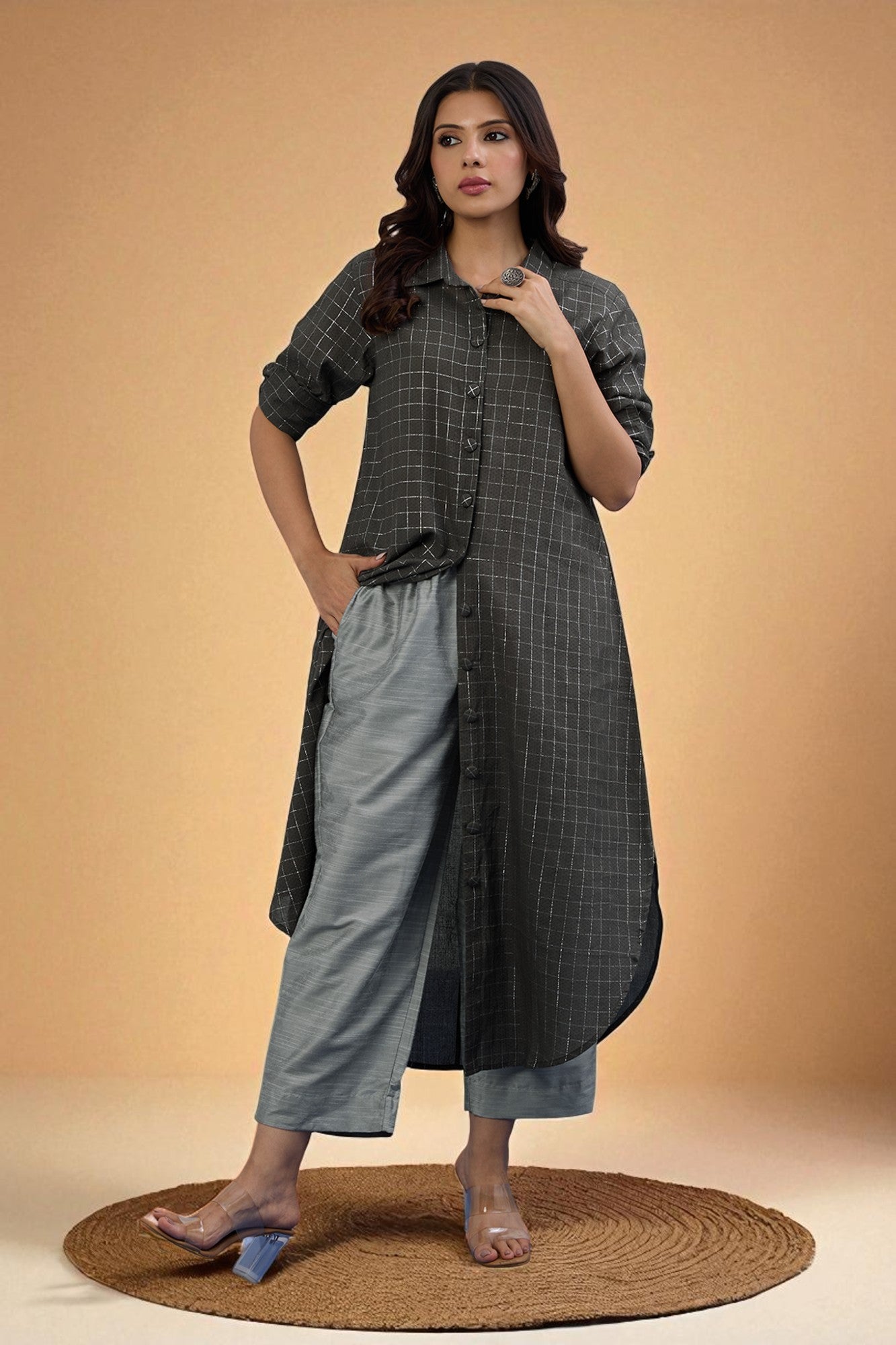 Cocoa Silver Grid Long Cotton Shirt Dress