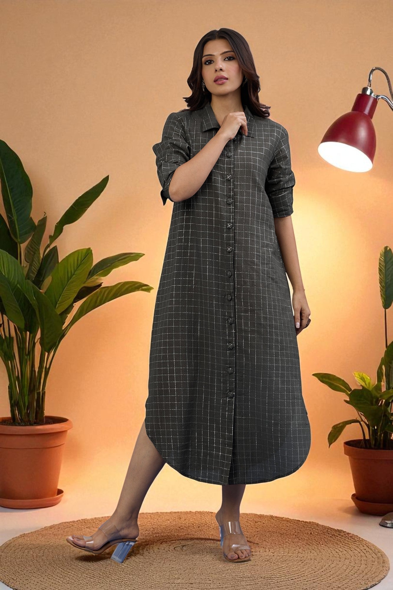 Cocoa Silver Grid Long Cotton Shirt Dress