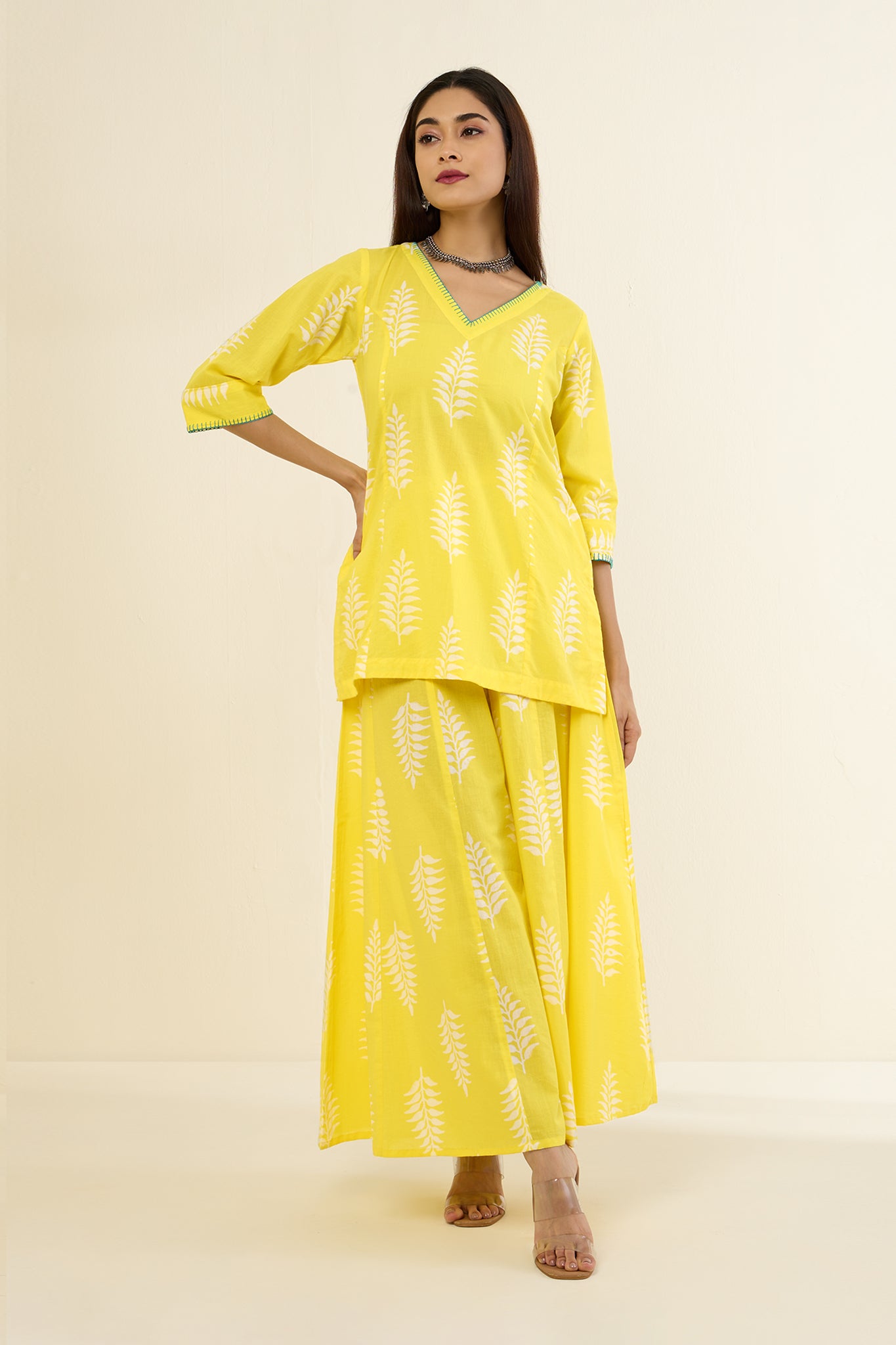 Co-ord Set Pop Yellow Camellia Bloom Tunic & Sharara (Set of 2)