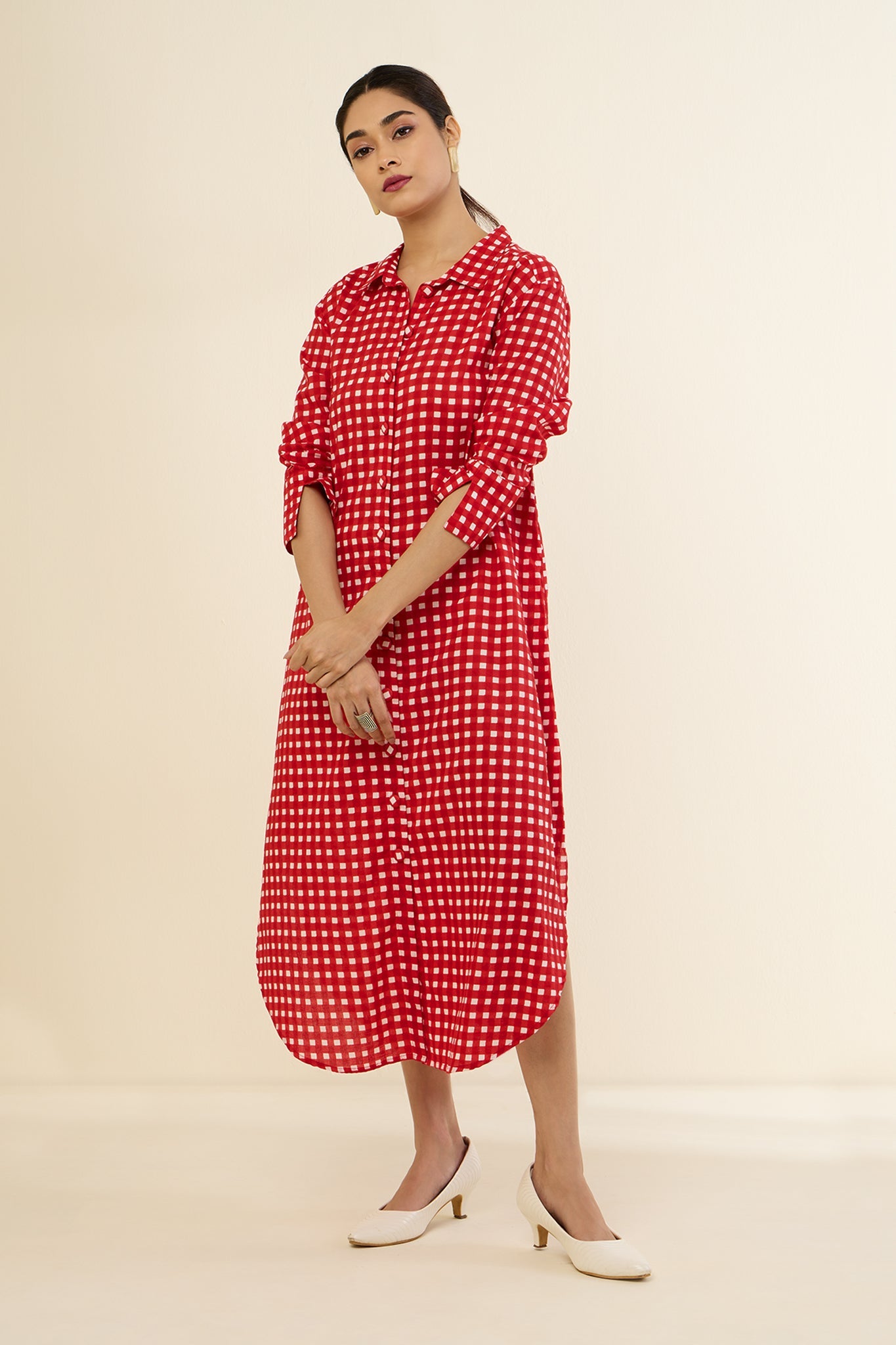 Cherry Checkered Delight Long Shirt Dress