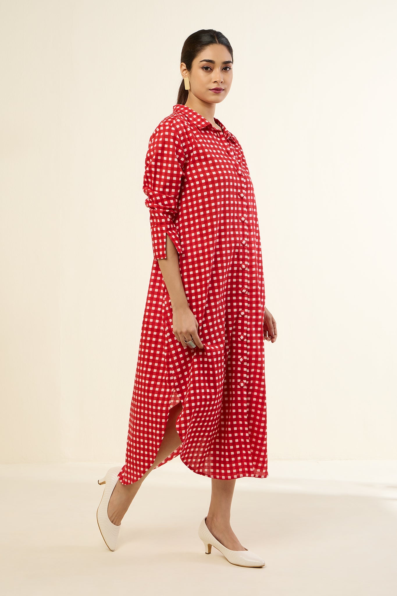 Cherry Checkered Delight Long Shirt Dress