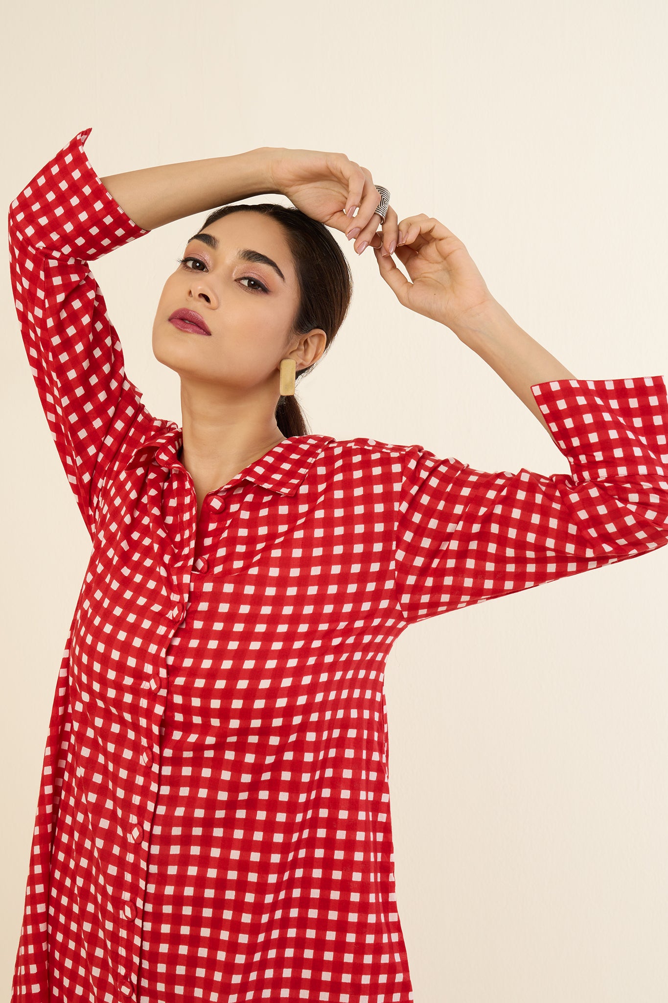 Cherry Checkered Delight Long Shirt Dress