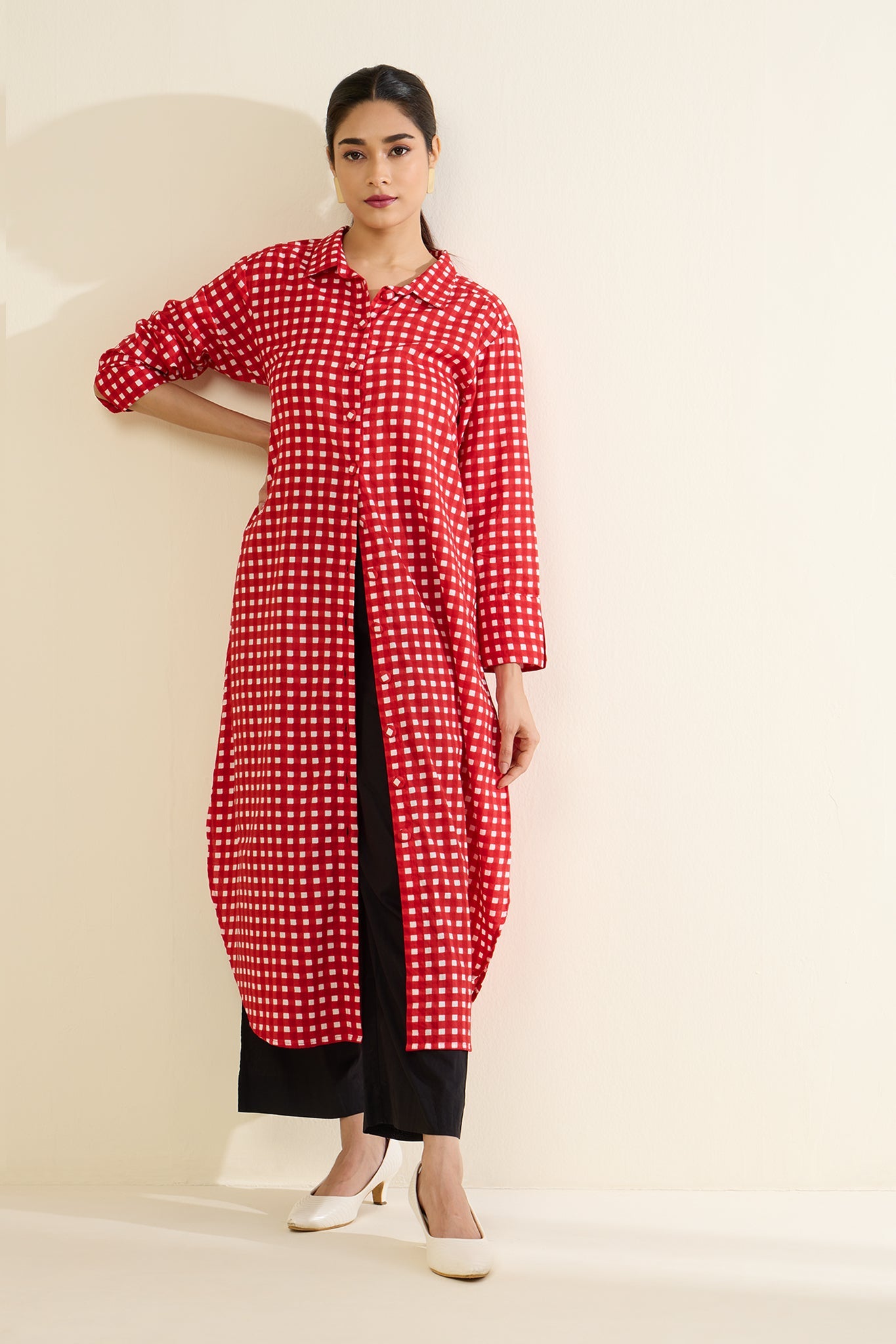 Cherry Checkered Delight Long Shirt Dress