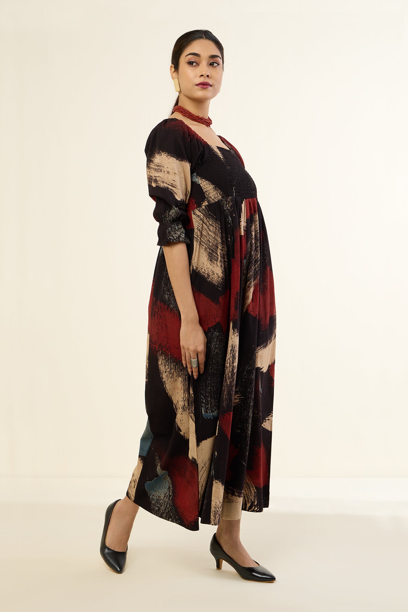 Ebony Scarlet Brush Strokes Off Shoulder Smocked Jumpsuit