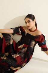 Ebony Scarlet Brush Strokes Off Shoulder Smocked Jumpsuit