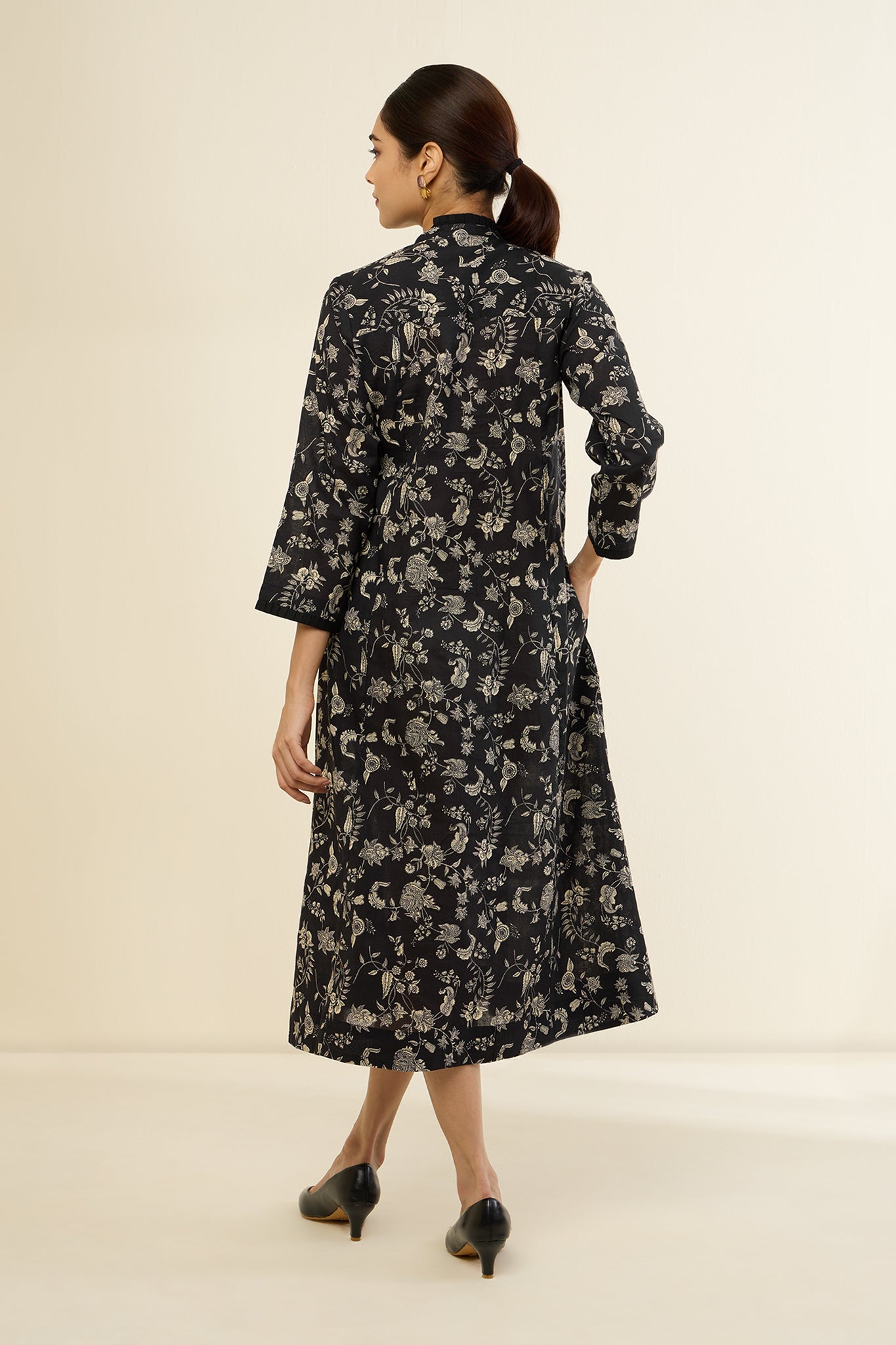 Floral Noir Pleated Pintuck Button Down Dress
