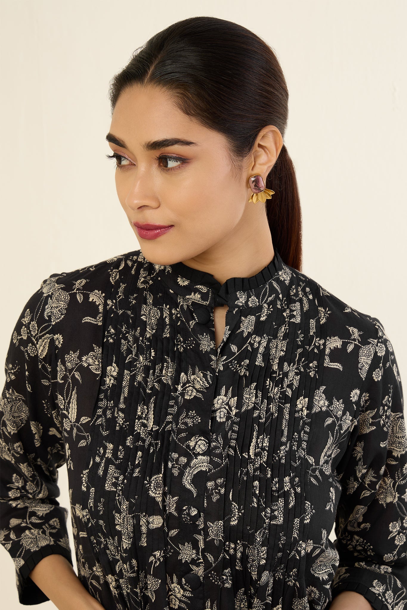 Floral Noir Pleated Pintuck Button Down Dress