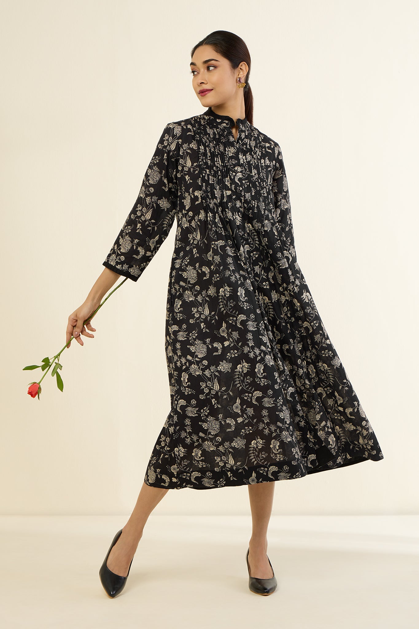 Floral Noir Pleated Pintuck Button Down Dress