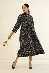 Floral Noir Pleated Pintuck Button Down Dress